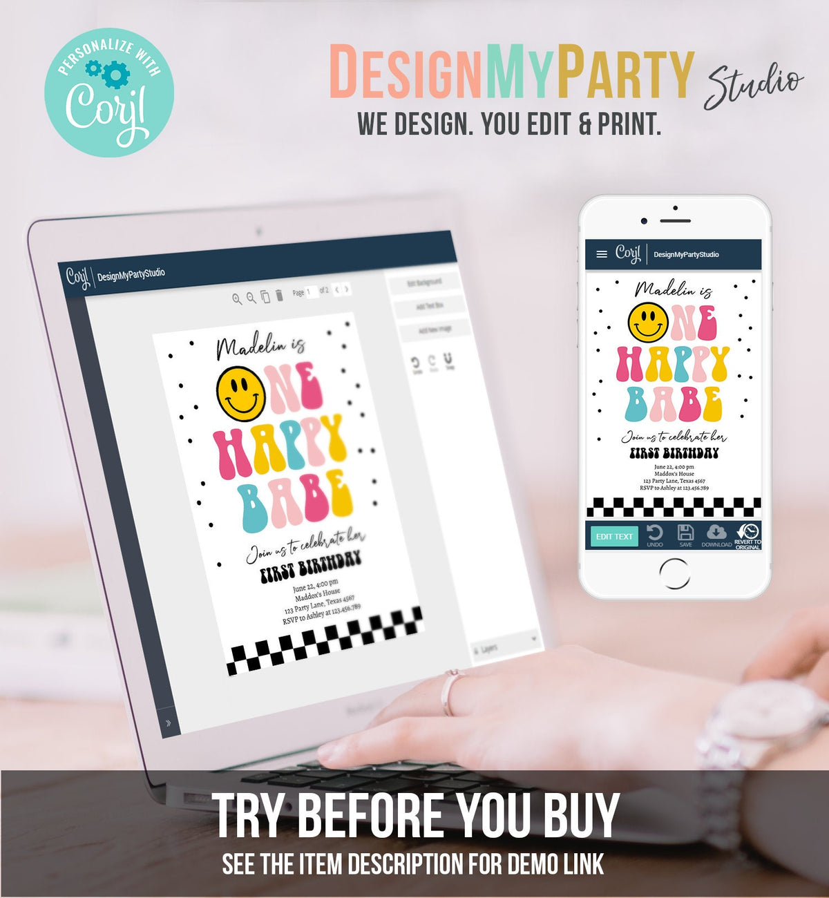 Editable One Happy Babe Birthday Invitation Girl 1st Birthday Invite Smiley Face Birthday Download Printable Template Digital Corjl 0456