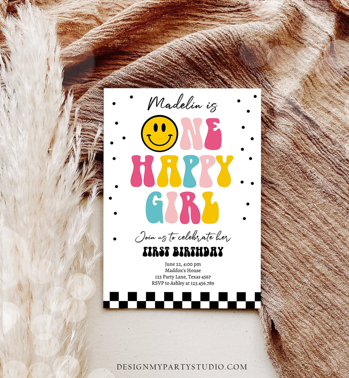 Editable One Happy Girl Birthday Invitation Girl 1st Birthday Invite Smiley Face Birthday Download Printable Template Digital Corjl 0456