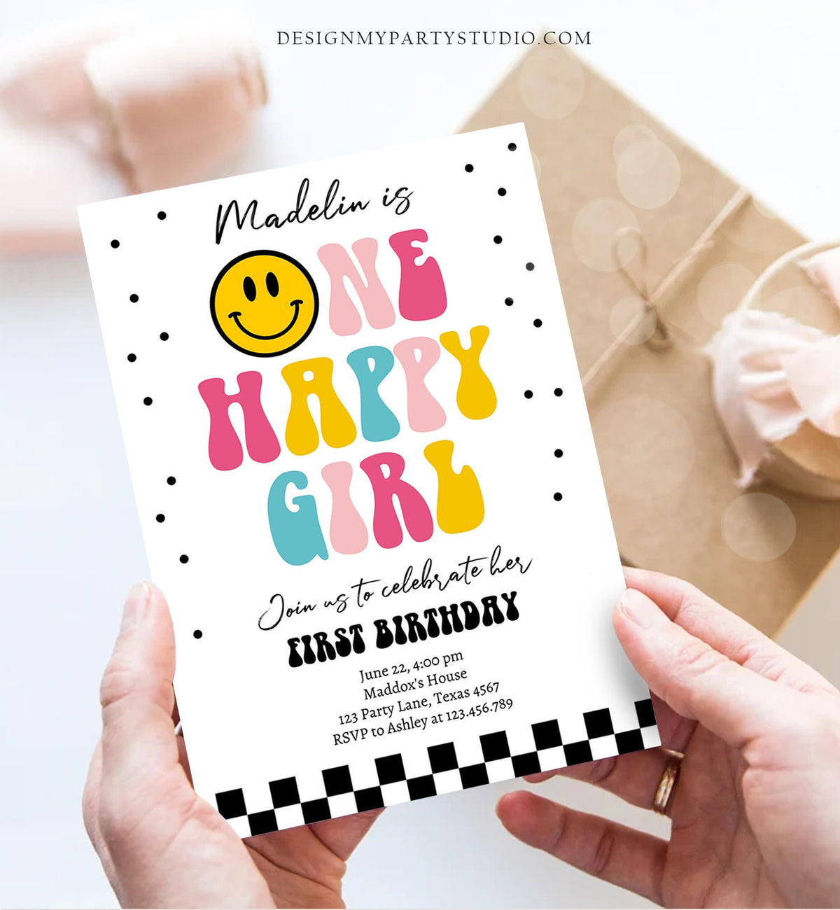 Editable One Happy Girl Birthday Invitation Girl 1st Birthday Invite Smiley Face Birthday Download Printable Template Digital Corjl 0456
