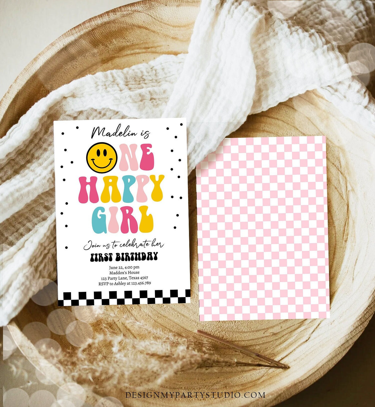 Editable One Happy Girl Birthday Invitation Girl 1st Birthday Invite Smiley Face Birthday Download Printable Template Digital Corjl 0456
