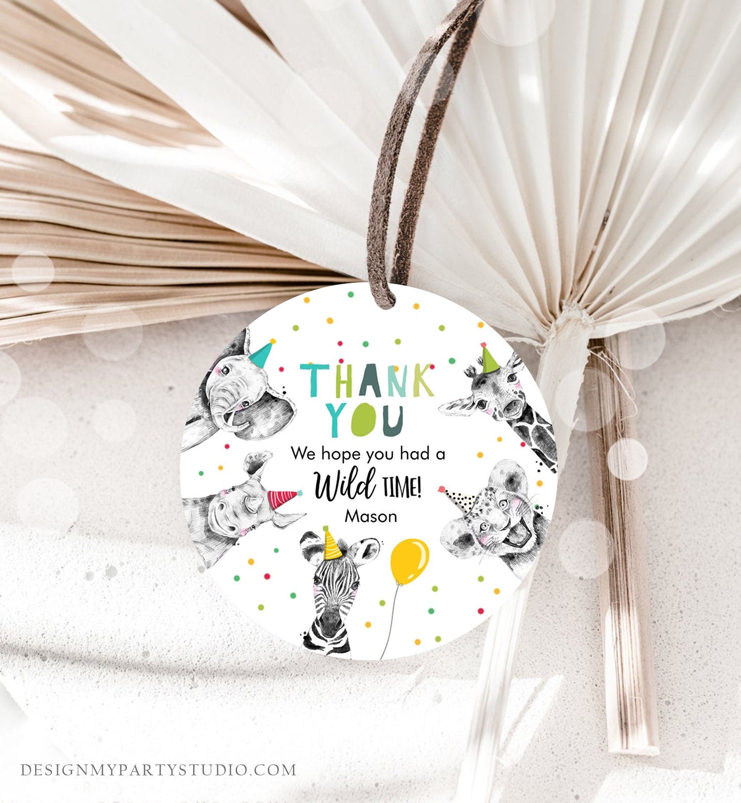 Editable Party Animals Favor tags Wild One Animals Thank You tag Safari Animals Zoo Birthday Wild Time Stickers Zoo Template Corjl 0390