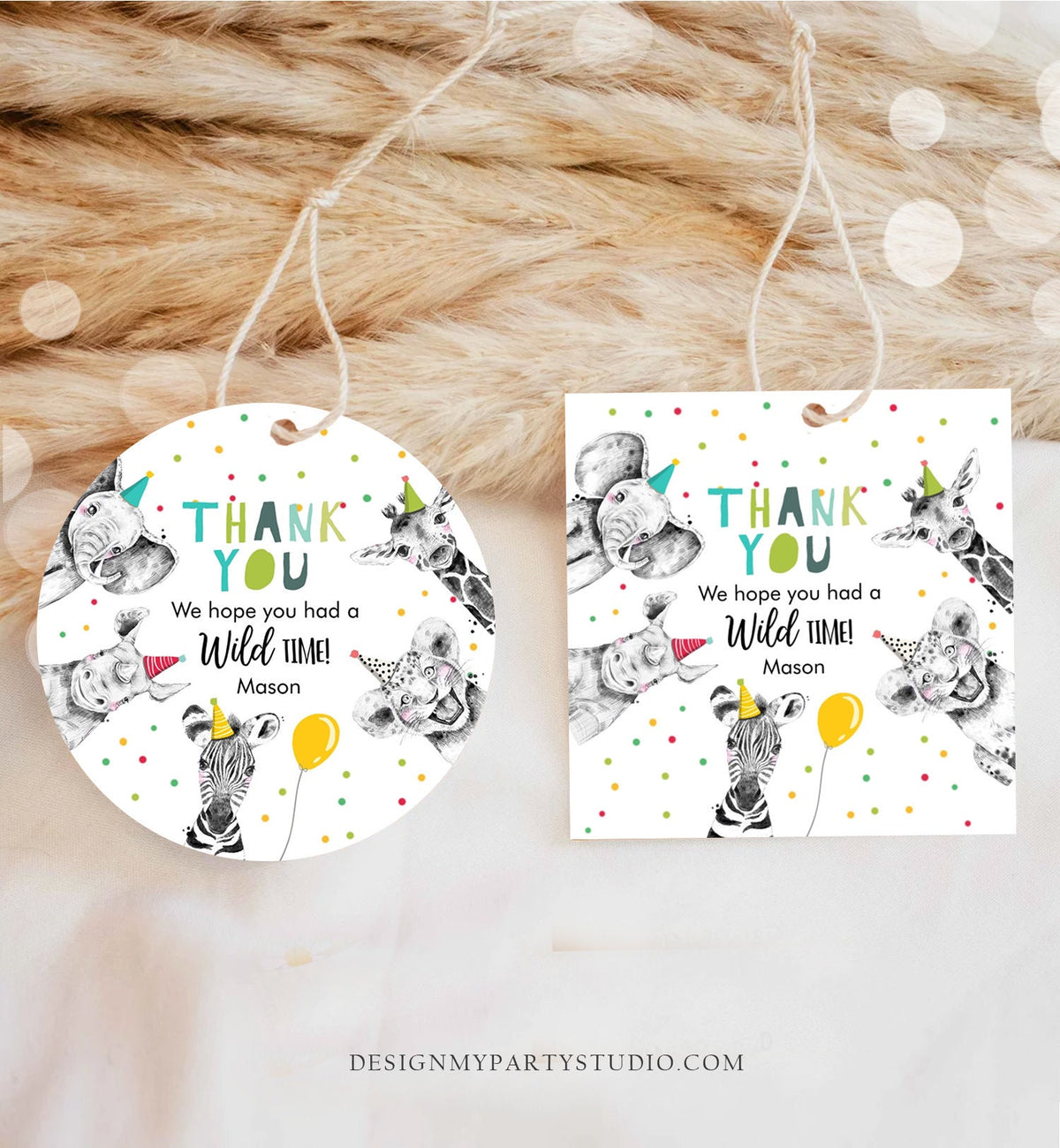 Editable Party Animals Favor tags Wild One Animals Thank You tag Safari Animals Zoo Birthday Wild Time Stickers Zoo Template Corjl 0390