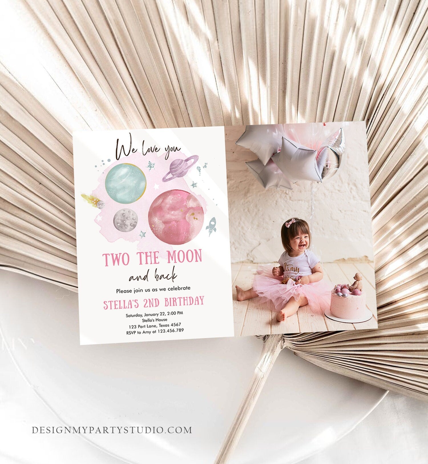 Editable Two the Moon 2nd Birthday Invitation Girl Pink Silver Space Love You Moon Galaxy Download Printable Template Digital Corjl 0357