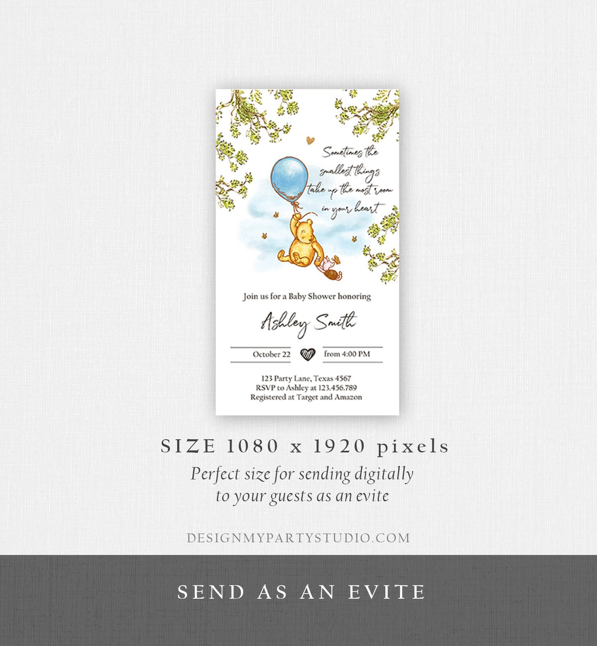 Editable Winnie The Pooh Baby Shower Evite Boy Blue Rustic Classic Winnie The Pooh Invitation Phone Digital Electronic Corjl Template 0425