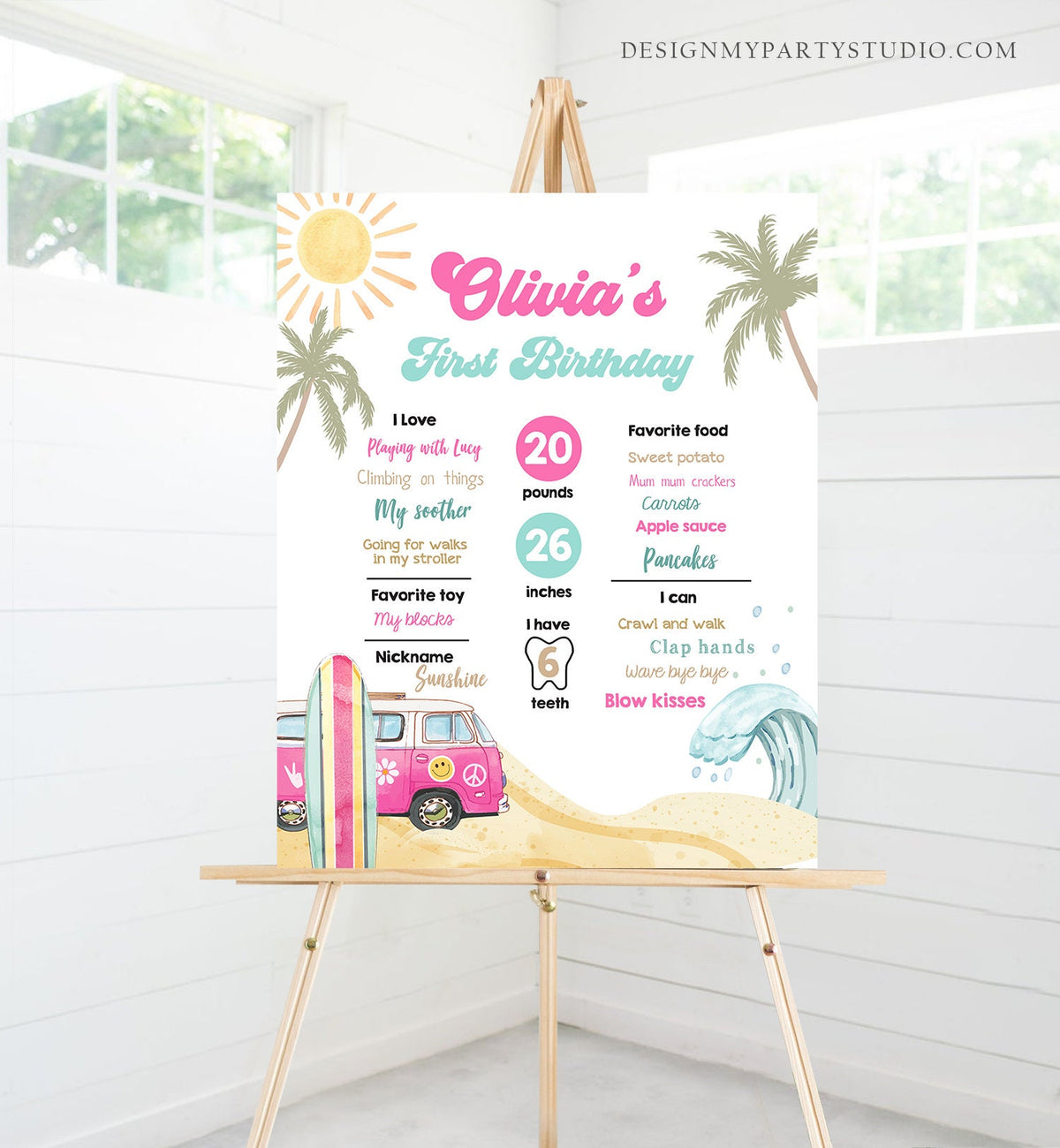 Editable Surf Birthday Milestones Sign Girl Big One Surfs Up Surfing Board Pink Van Retro Beach 1st Party Template Printable Corjl 0433