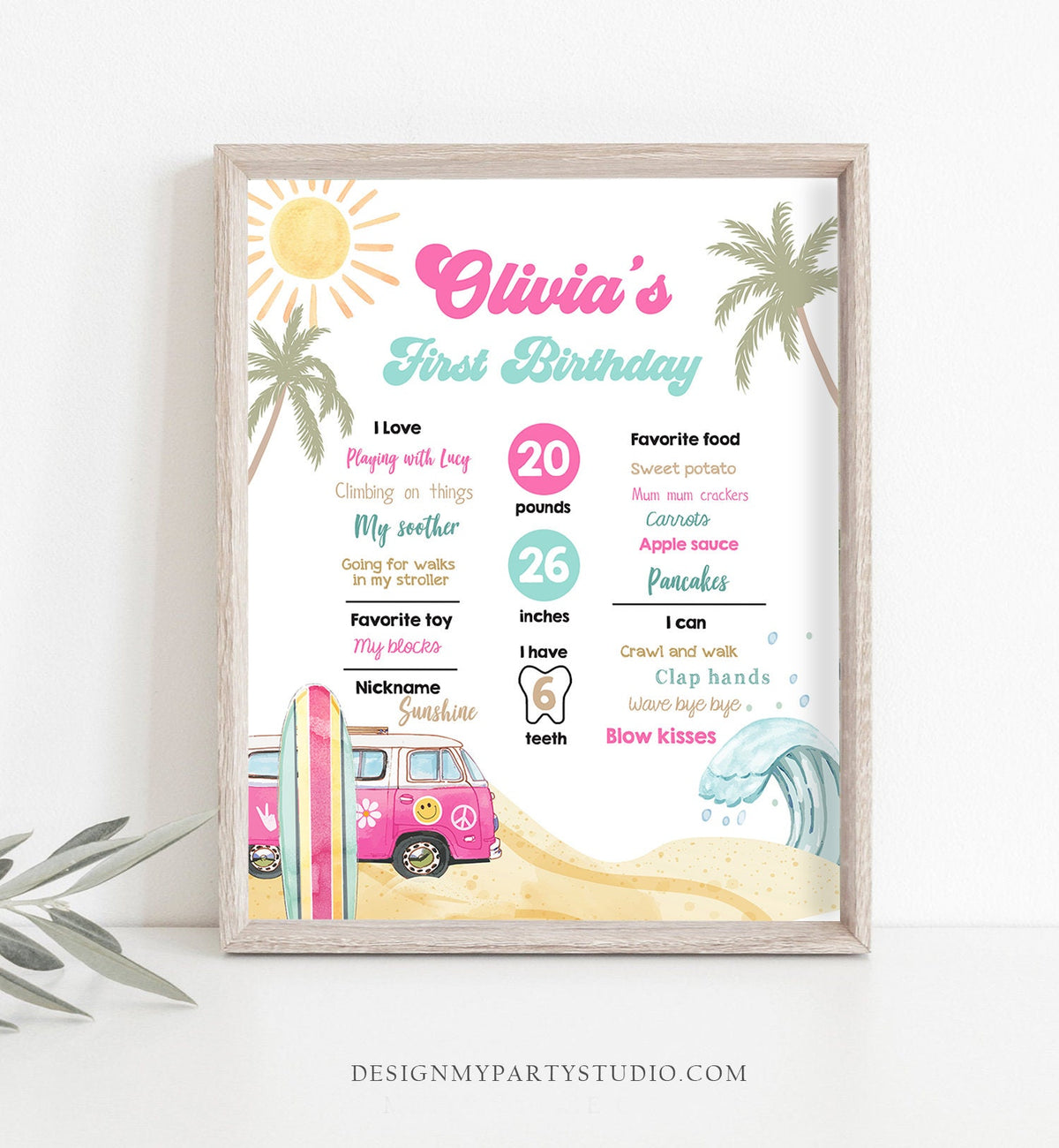Editable Surf Birthday Milestones Sign Girl Big One Surfs Up Surfing Board Pink Van Retro Beach 1st Party Template Printable Corjl 0433