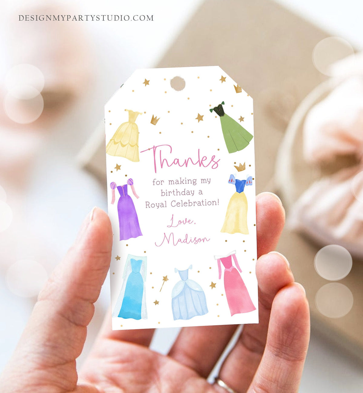 Editable Princess Favor Tags Thank You Girl Birthday Royal Party Princess Dresses Costume Magical Download Corjl Template Printable 0462