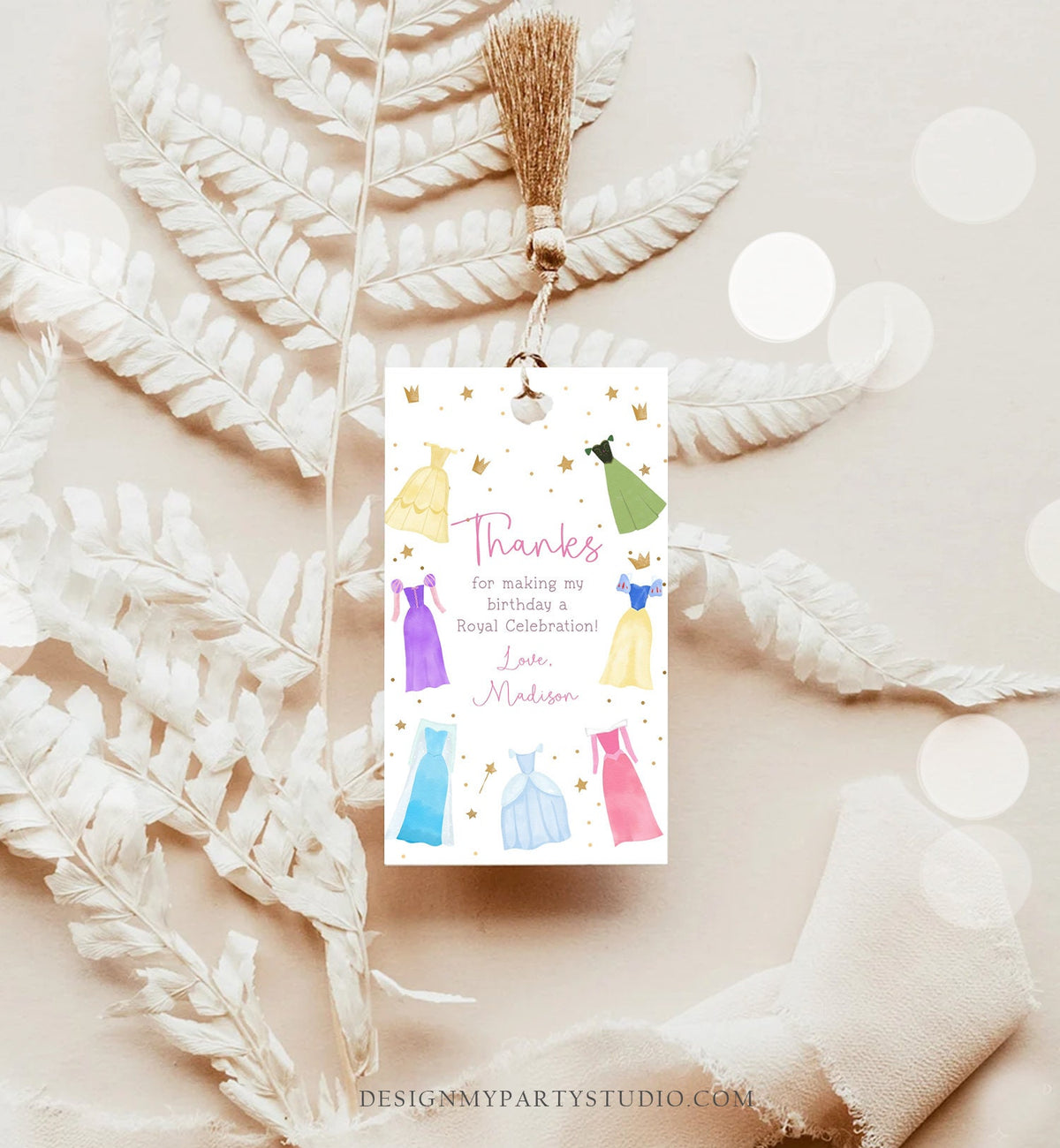 Editable Princess Favor Tags Thank You Girl Birthday Royal Party Princess Dresses Costume Magical Download Corjl Template Printable 0462