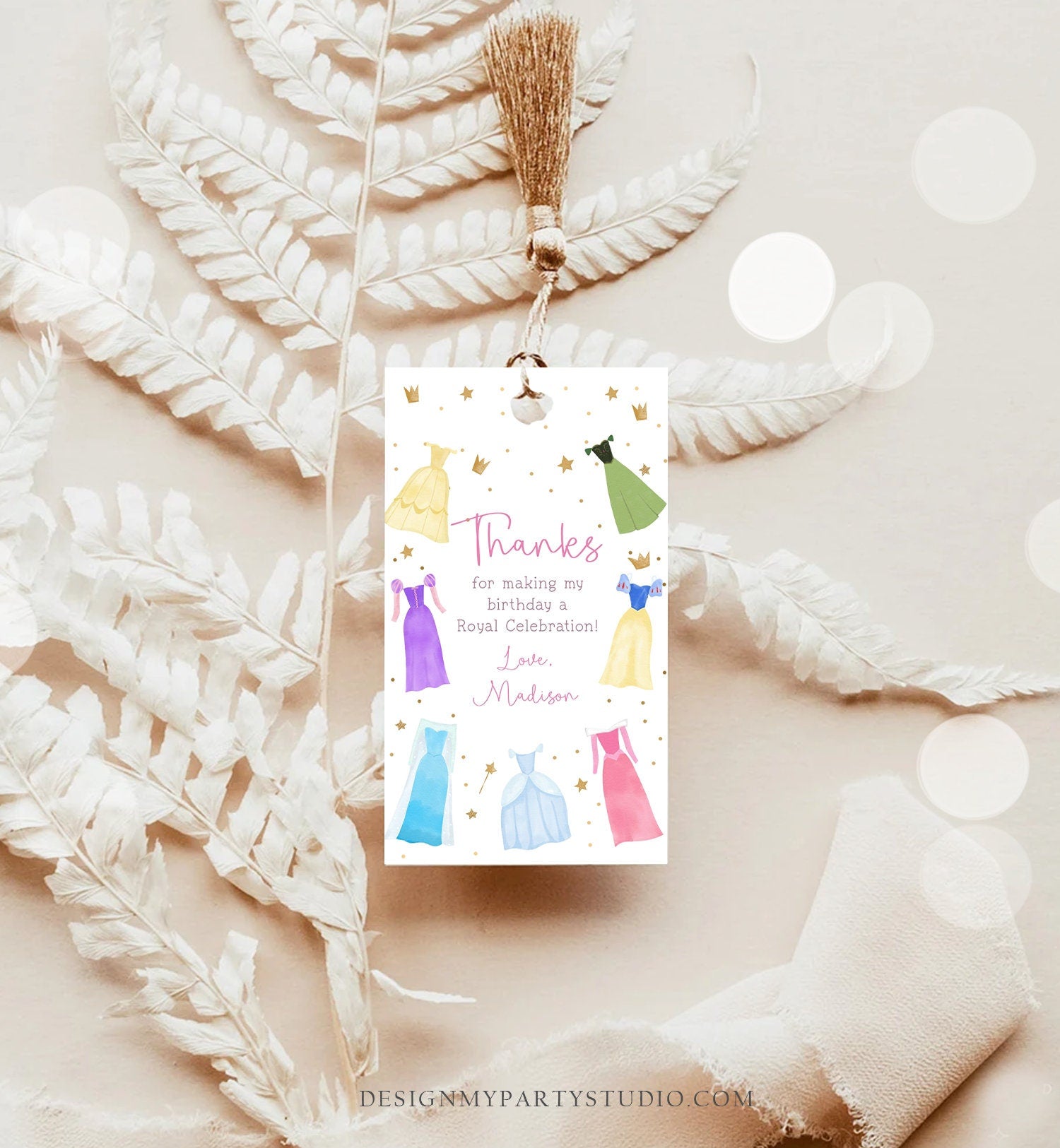 Editable Princess Favor Tags Thank You Girl Birthday Royal Party Princess Dresses Costume Magical Download Corjl Template Printable 0462