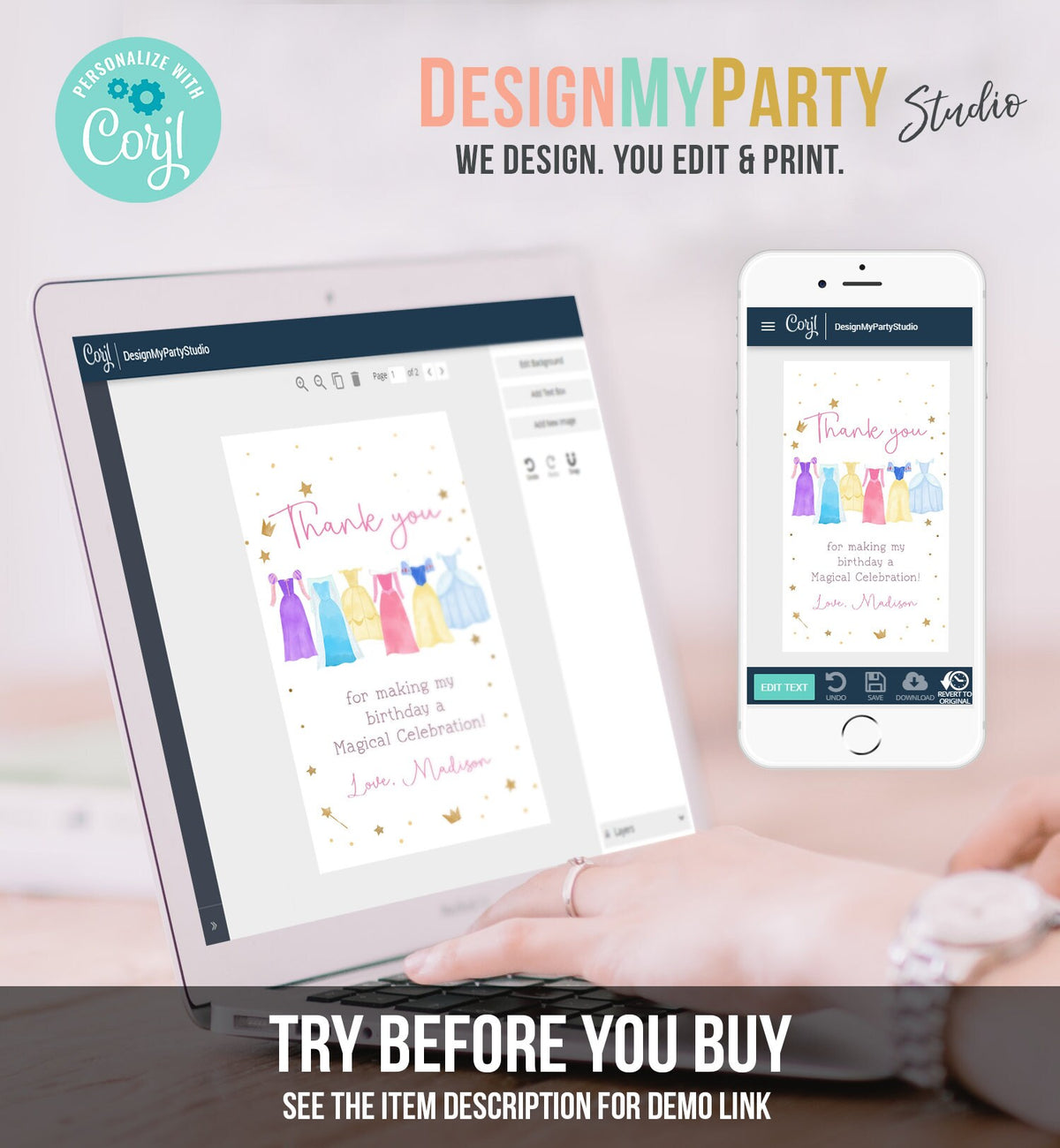 Editable Princess Favor Tags Thank You Girl Birthday Royal Party Princess Dresses Costume Magical Download Corjl Template Printable 0462