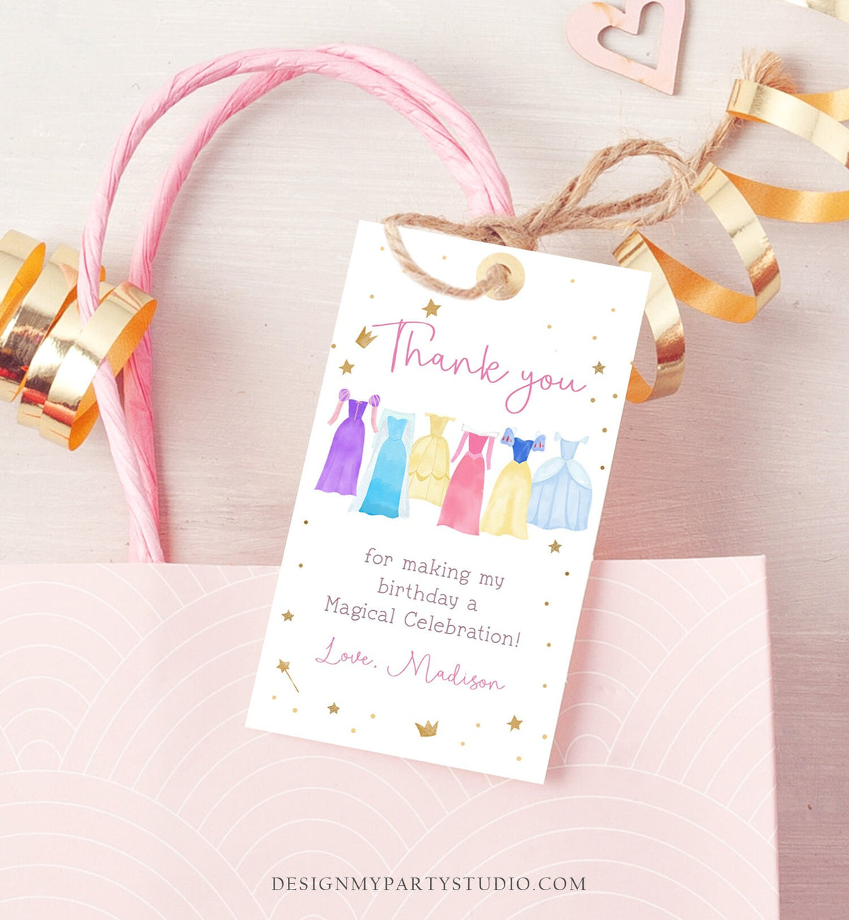 Editable Princess Favor Tags Thank You Girl Birthday Royal Party Princess Dresses Costume Magical Download Corjl Template Printable 0462