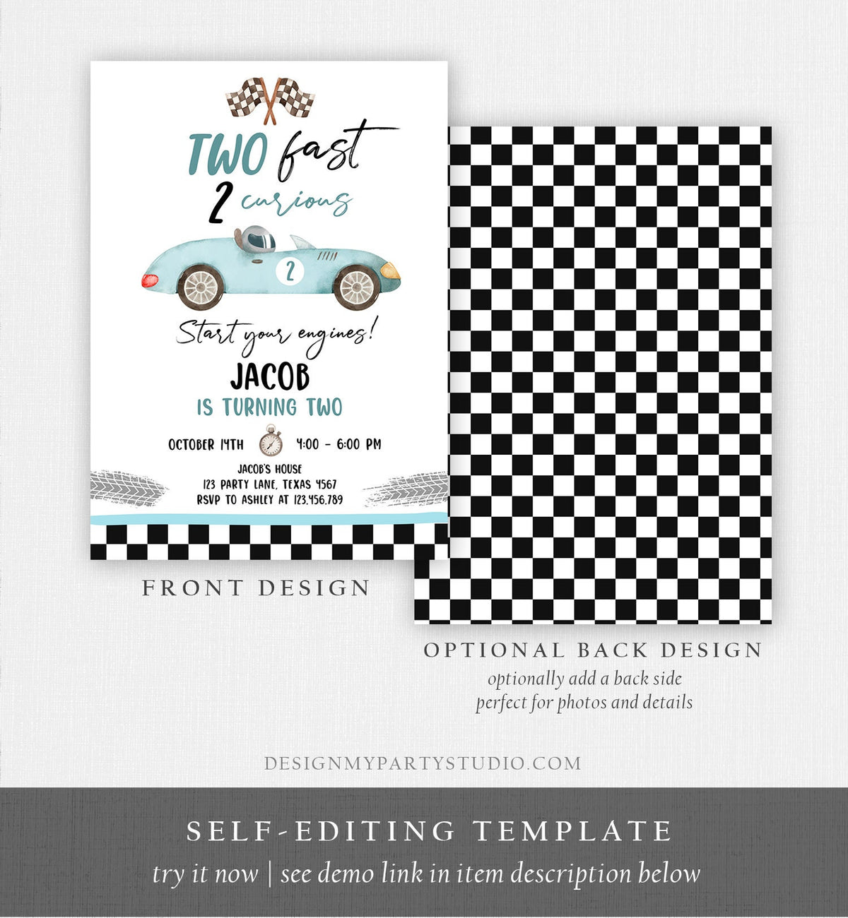 Editable Two Fast Birthday Invitation 2 Curious Party Race Car Second Birthday 2nd Racing Boy Download Printable Template Digital Corjl 0424