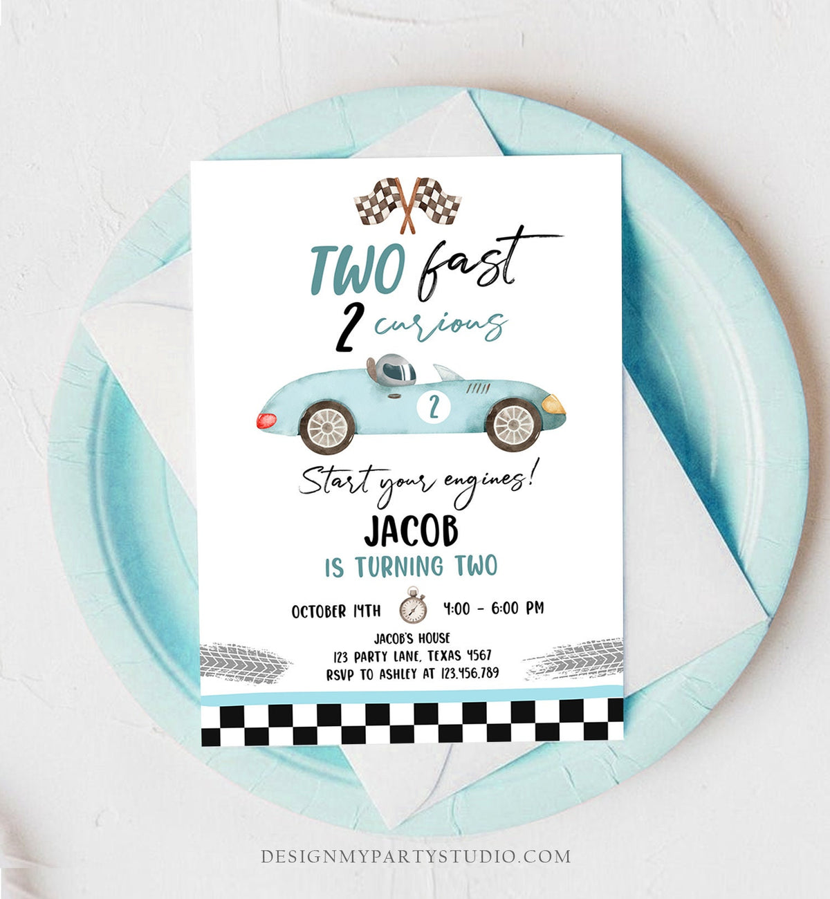 Editable Two Fast Birthday Invitation 2 Curious Party Race Car Second Birthday 2nd Racing Boy Download Printable Template Digital Corjl 0424