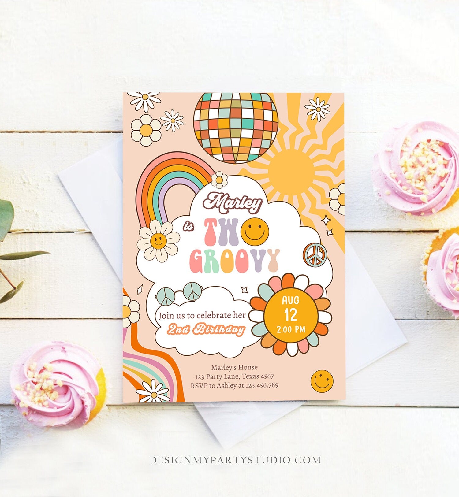 Editable Two Groovy Birthday Party Invitation 2nd Birthday Boho Retro Flower Power 70's Daisy Smiley Download Template Corjl Digital 0459