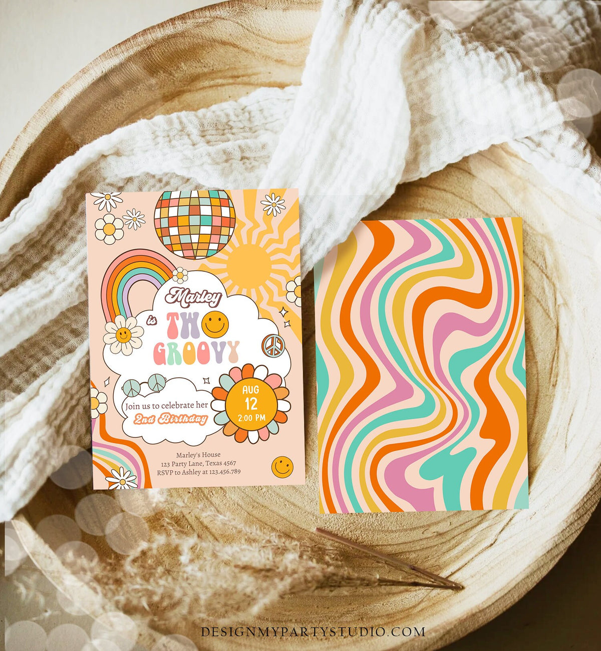 Editable Two Groovy Birthday Party Invitation 2nd Birthday Boho Retro Flower Power 70's Daisy Smiley Download Template Corjl Digital 0459