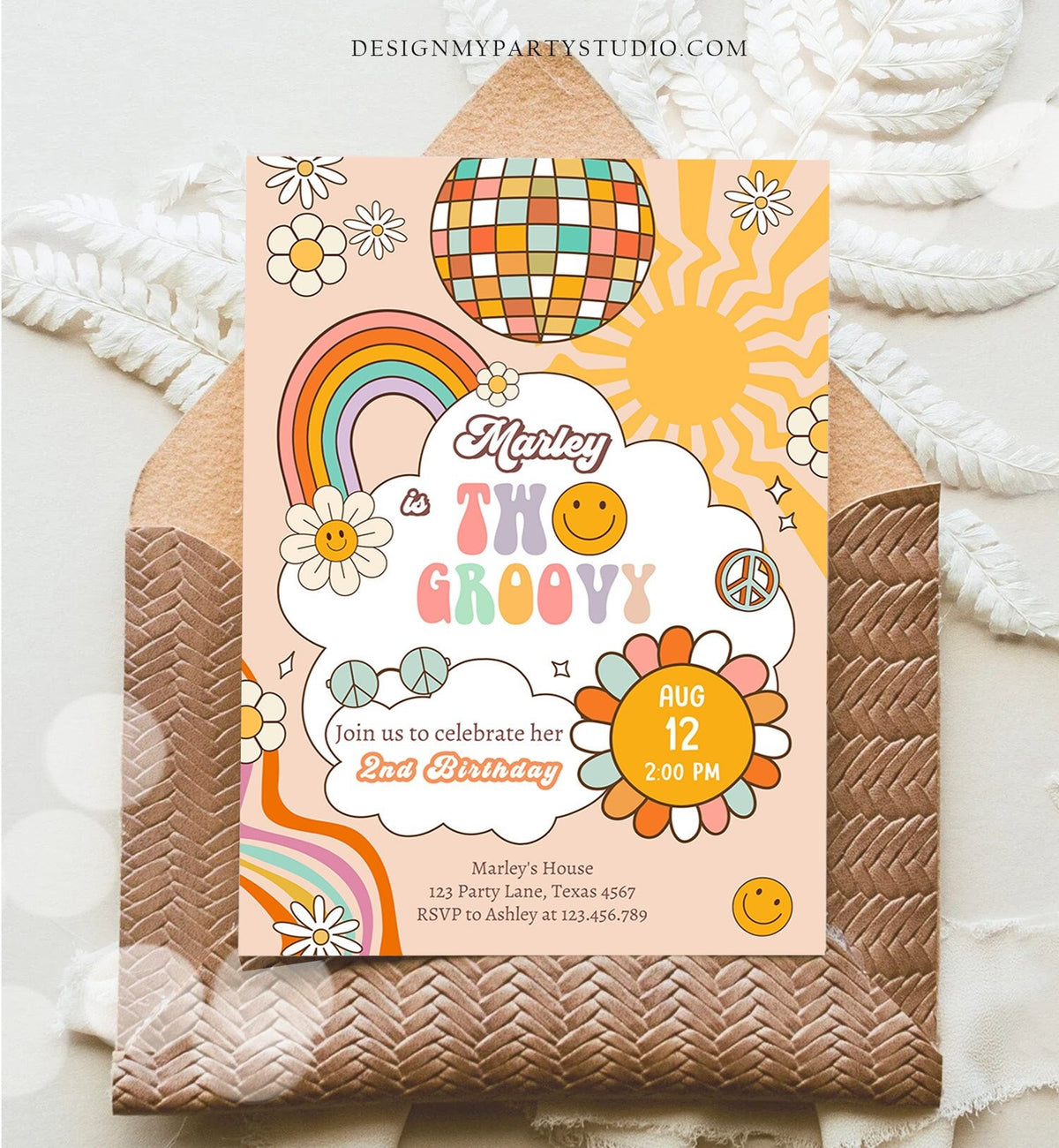 Editable Two Groovy Birthday Party Invitation 2nd Birthday Boho Retro Flower Power 70's Daisy Smiley Download Template Corjl Digital 0459