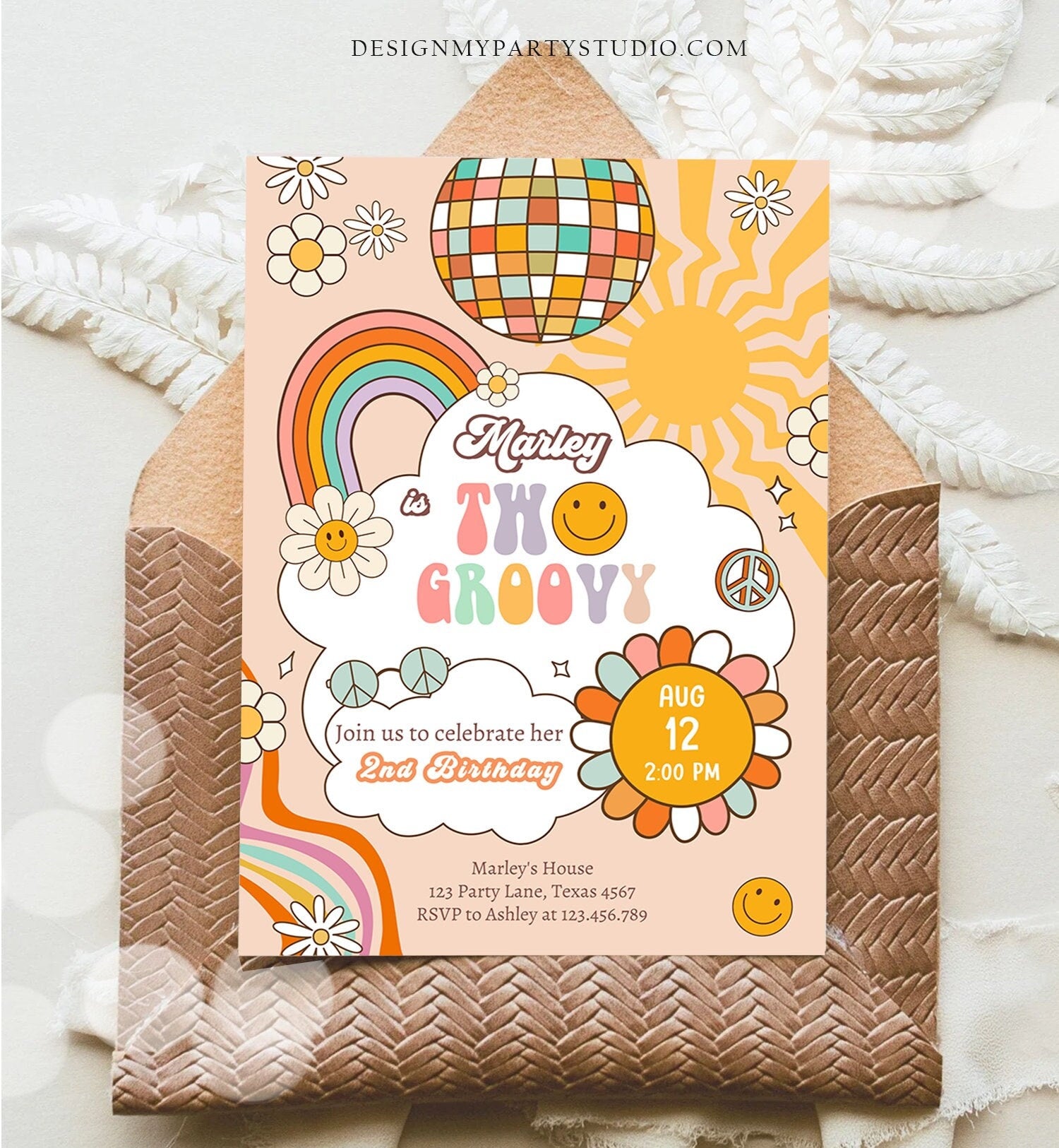 Editable Two Groovy Birthday Party Invitation 2nd Birthday Boho Retro Flower Power 70's Daisy Smiley Download Template Corjl Digital 0459