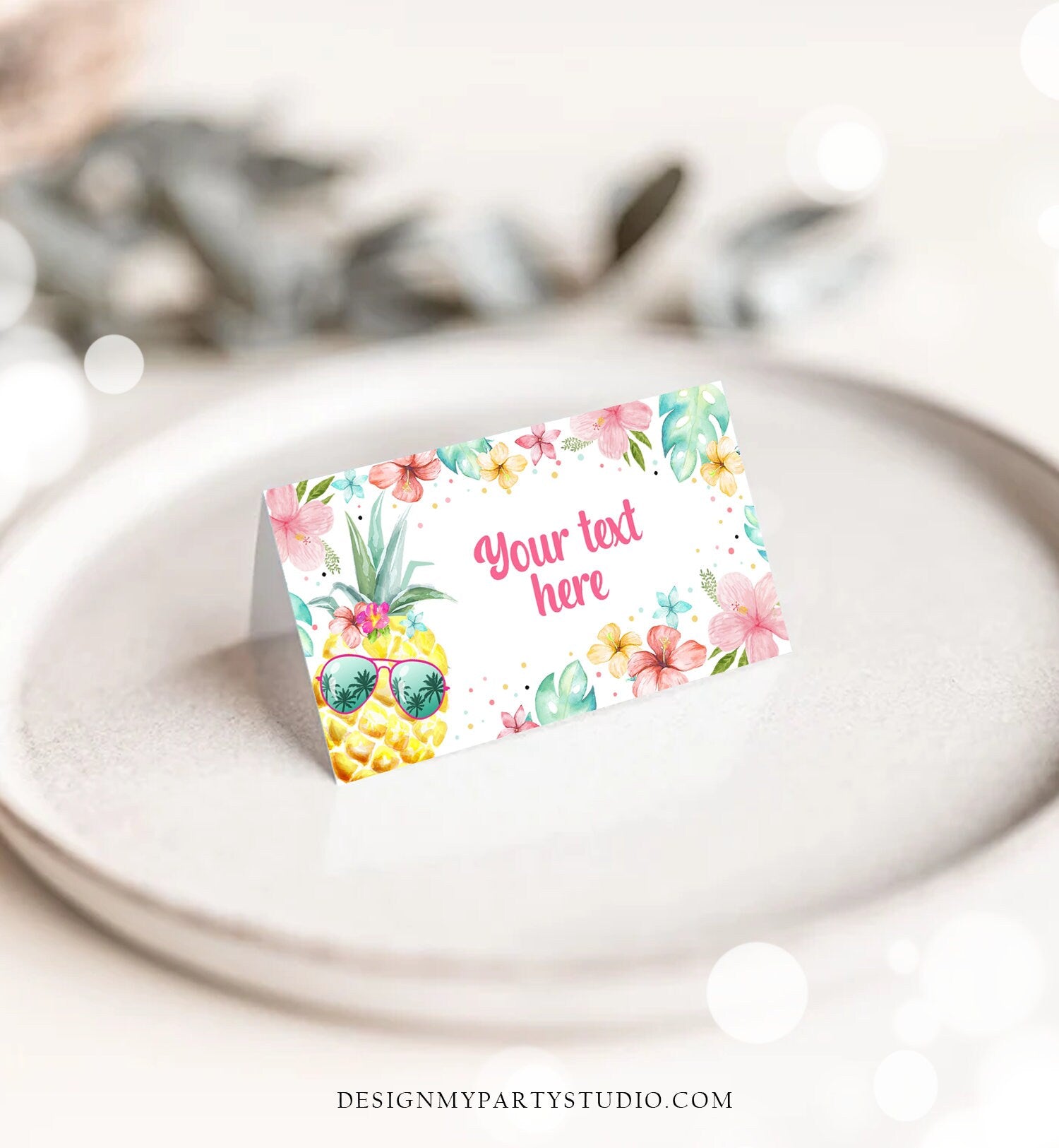 Editable Pineapple Food Labels Luau Birthday Party Food Cards Tent Card Girl Pink Tropical Name Card Pool Party Hawaiian Template Corjl 0391