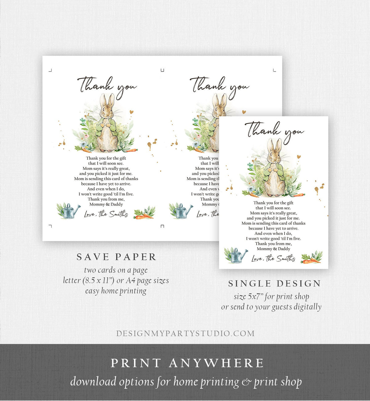 Editable Peter Rabbit Baby Shower Thank You Card Gender Neutral Rustic Spring Bunny Baby Shower Digital Corjl Template Printable 0351