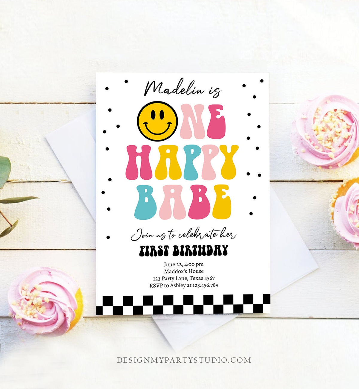 Editable One Happy Babe Birthday Invitation Girl 1st Birthday Invite Smiley Face Birthday Download Printable Template Digital Corjl 0456