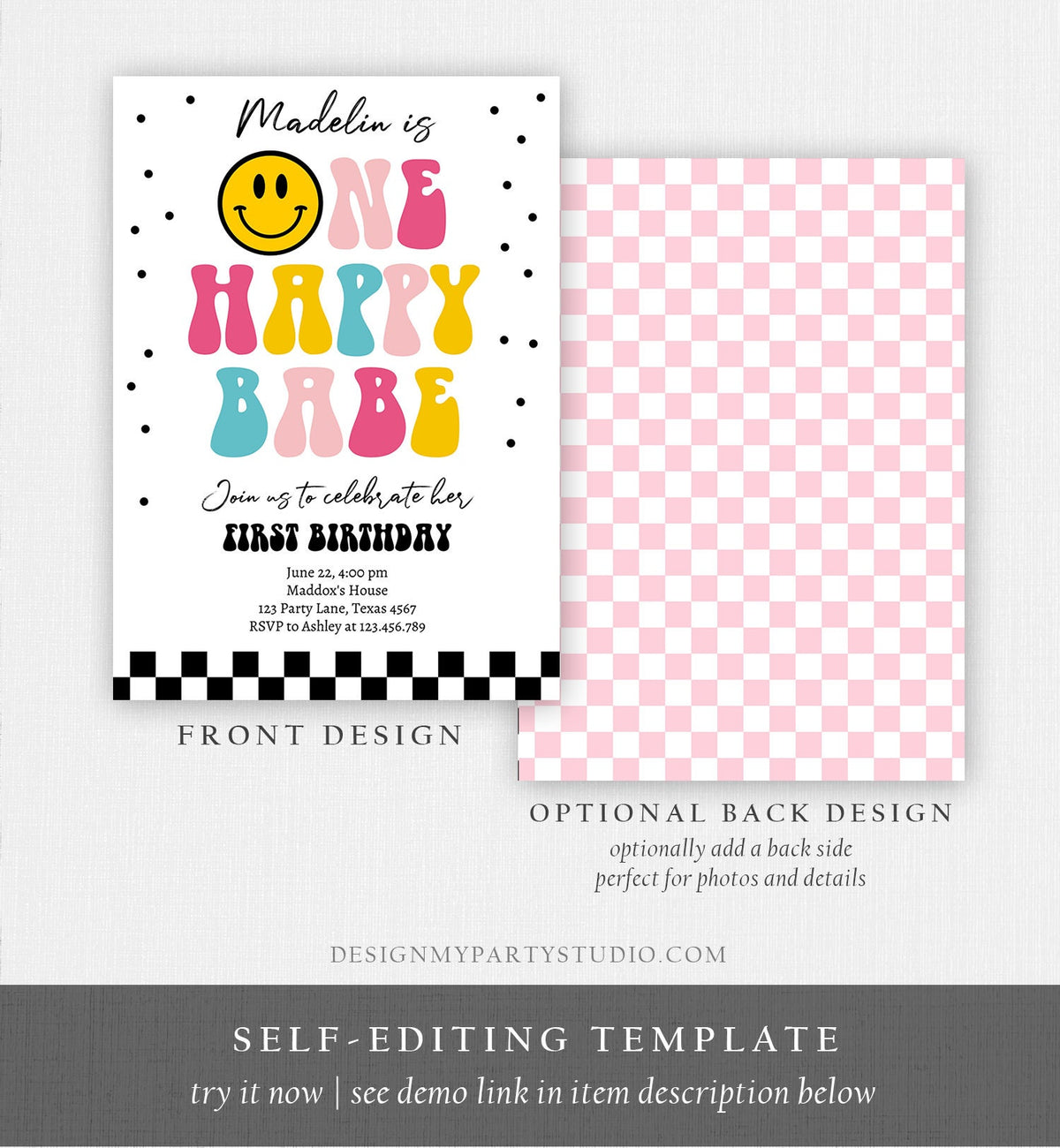 Editable One Happy Babe Birthday Invitation Girl 1st Birthday Invite Smiley Face Birthday Download Printable Template Digital Corjl 0456