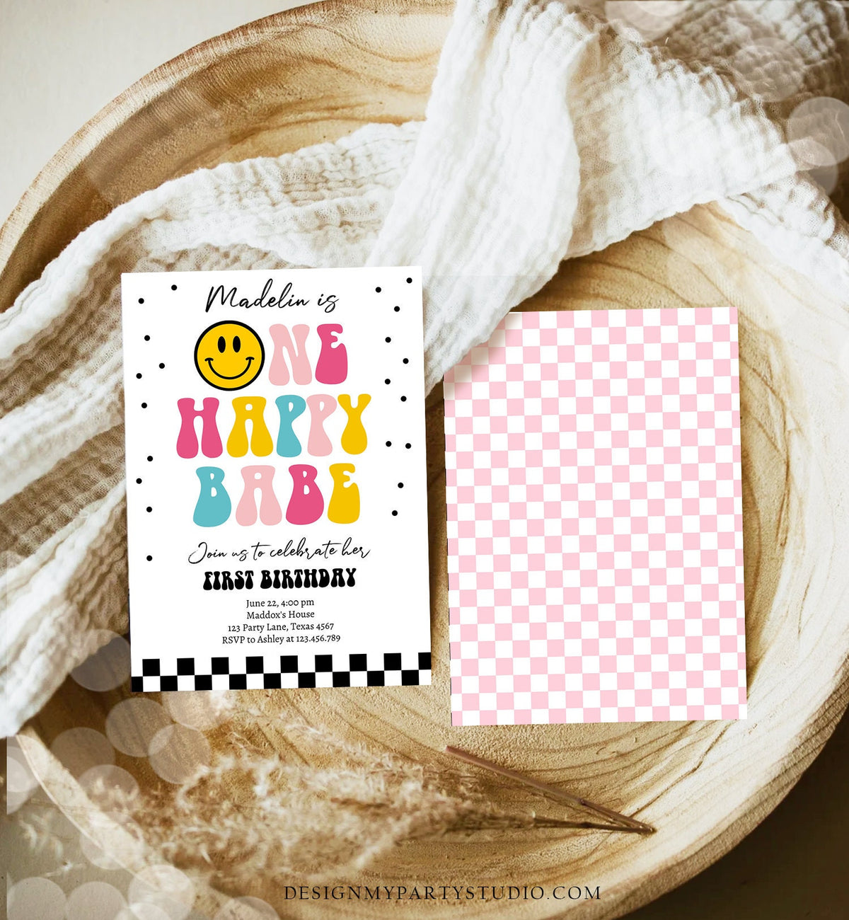 Editable One Happy Babe Birthday Invitation Girl 1st Birthday Invite Smiley Face Birthday Download Printable Template Digital Corjl 0456