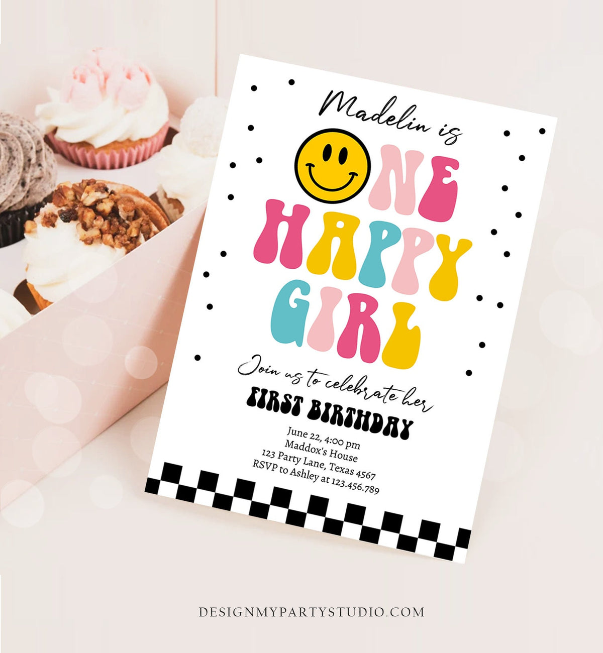 Editable One Happy Girl Birthday Invitation Girl 1st Birthday Invite Smiley Face Birthday Download Printable Template Digital Corjl 0456
