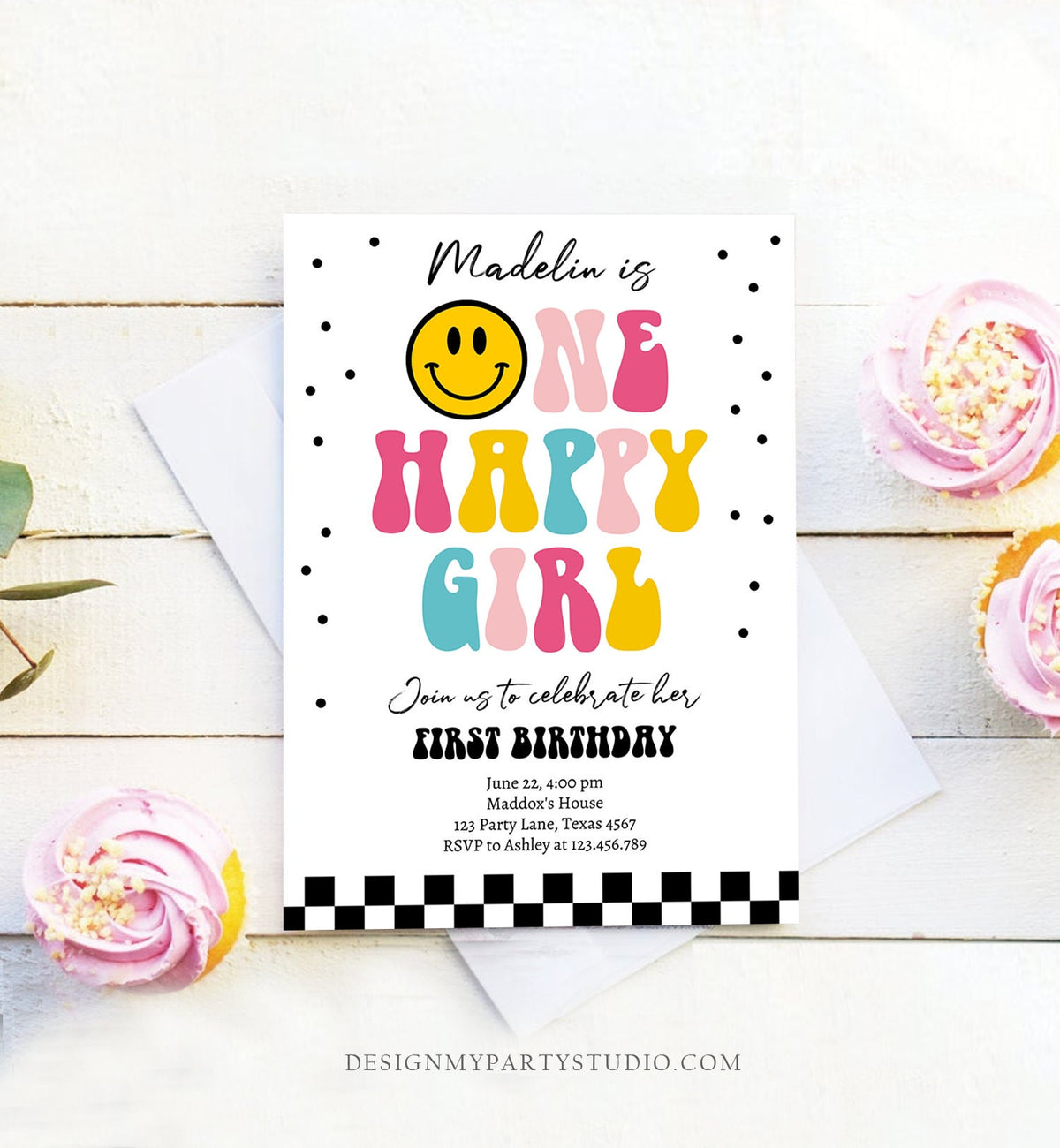Editable One Happy Girl Birthday Invitation Girl 1st Birthday Invite Smiley Face Birthday Download Printable Template Digital Corjl 0456