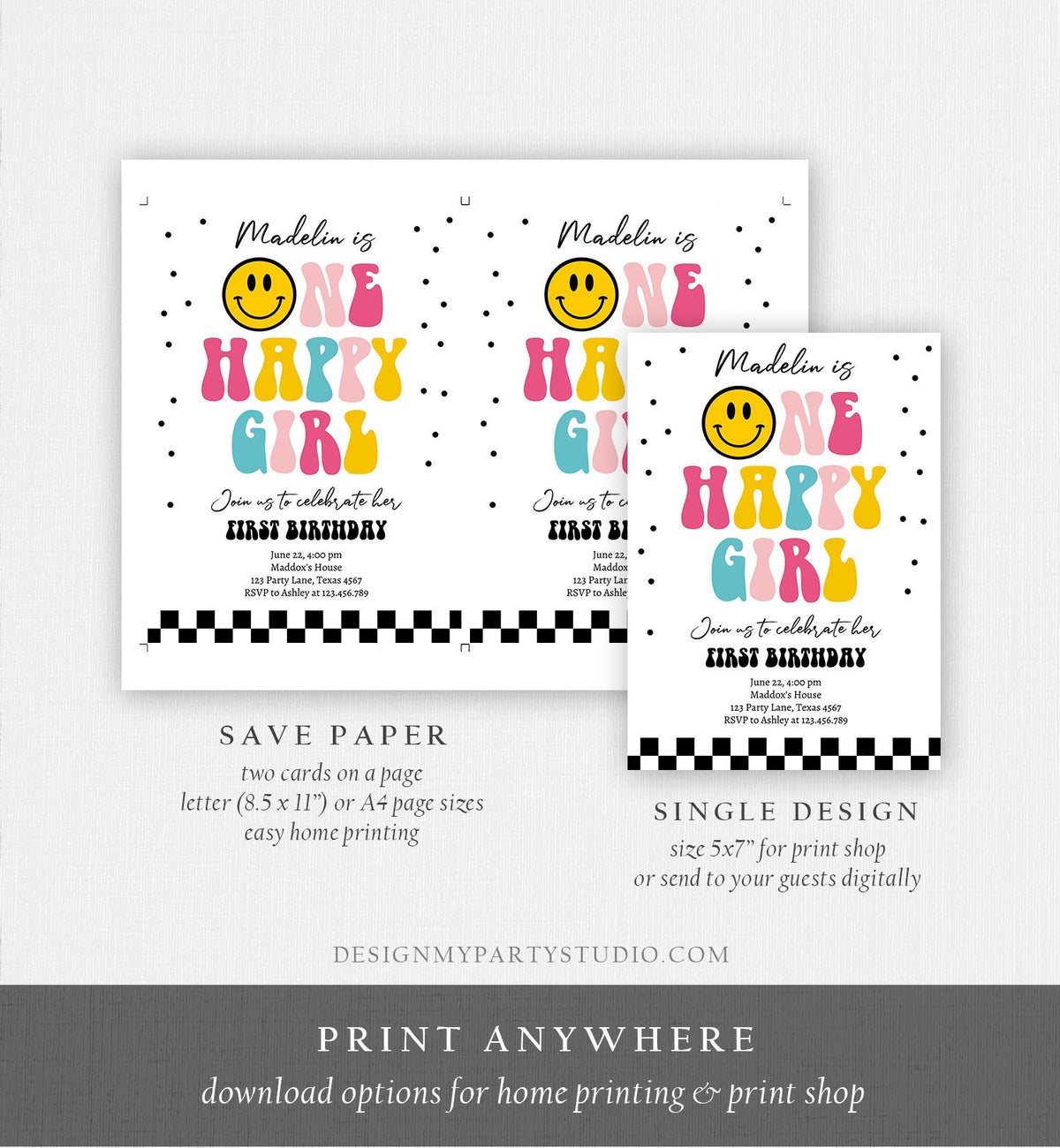 Editable One Happy Girl Birthday Invitation Girl 1st Birthday Invite Smiley Face Birthday Download Printable Template Digital Corjl 0456