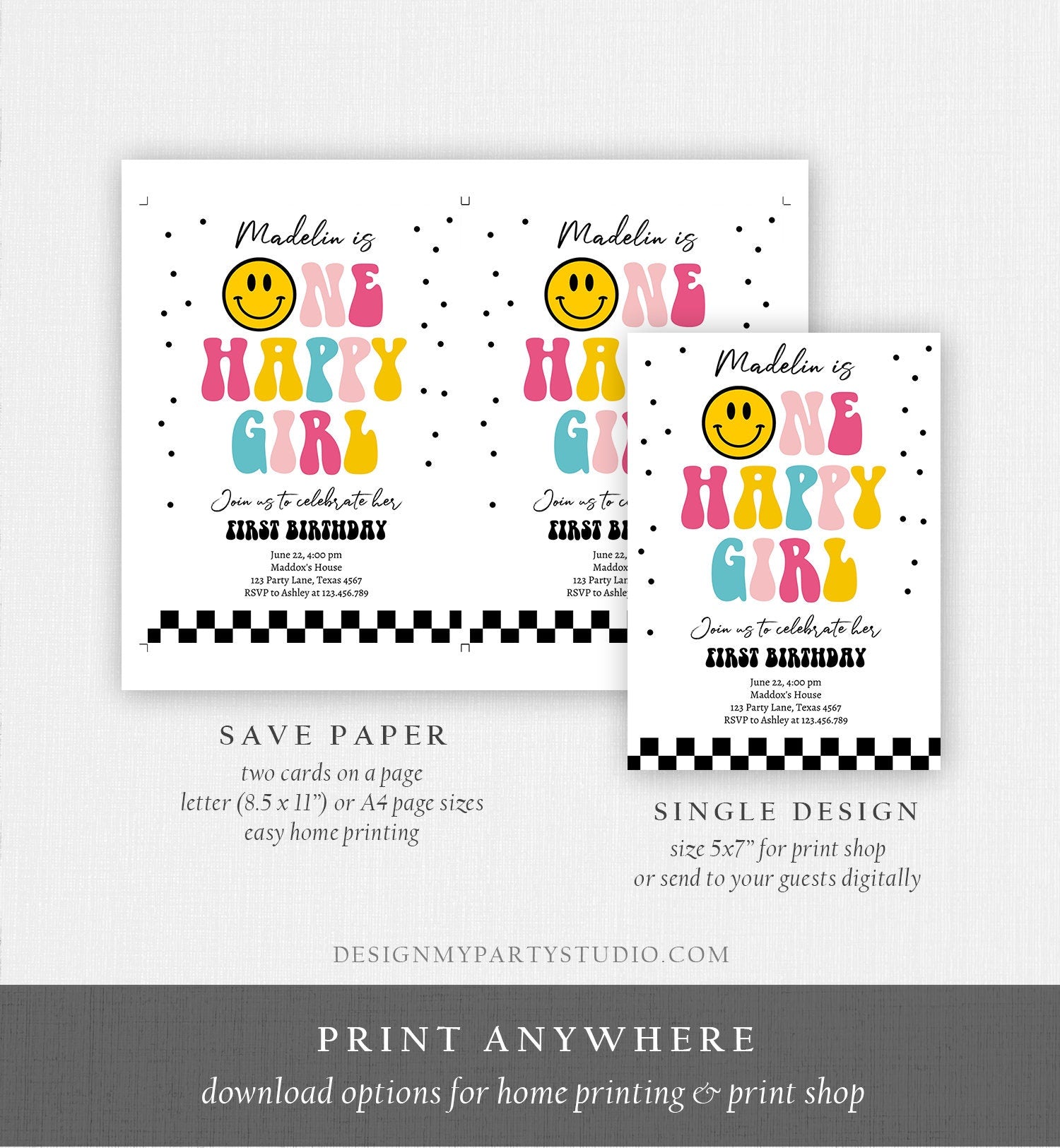 Editable One Happy Girl Birthday Invitation Girl 1st Birthday Invite Smiley Face Birthday Download Printable Template Digital Corjl 0456