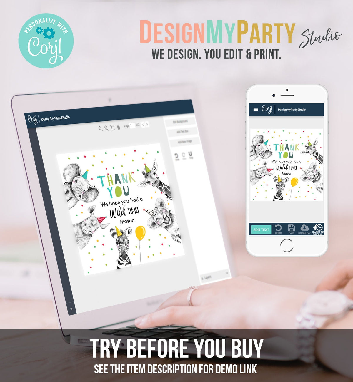 Editable Party Animals Favor tags Wild One Animals Thank You tag Safari Animals Zoo Birthday Wild Time Stickers Zoo Template Corjl 0390