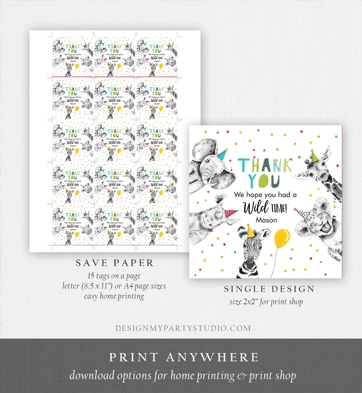 Editable Party Animals Favor tags Wild One Animals Thank You tag Safari Animals Zoo Birthday Wild Time Stickers Zoo Template Corjl 0390