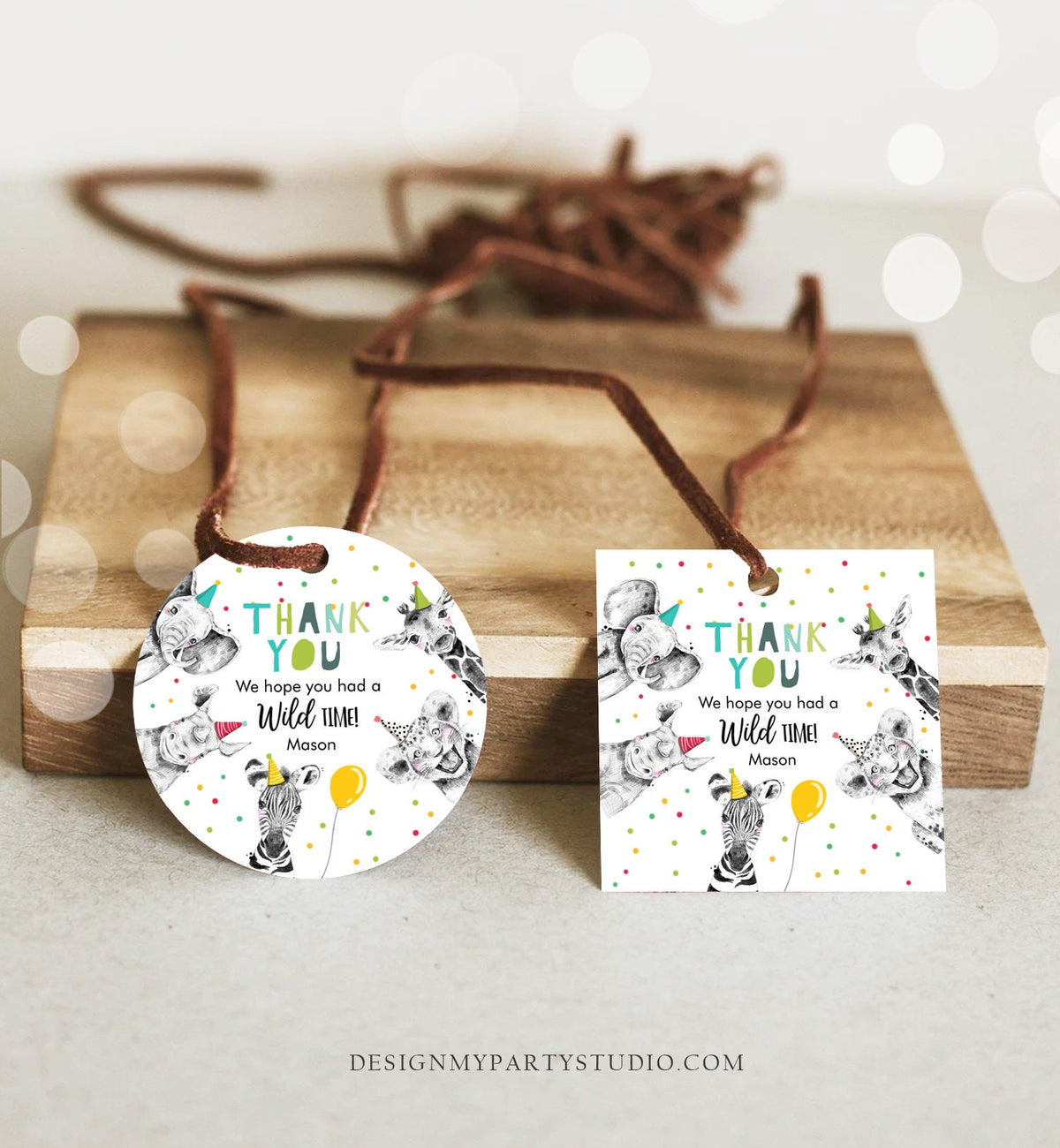 Editable Party Animals Favor tags Wild One Animals Thank You tag Safari Animals Zoo Birthday Wild Time Stickers Zoo Template Corjl 0390