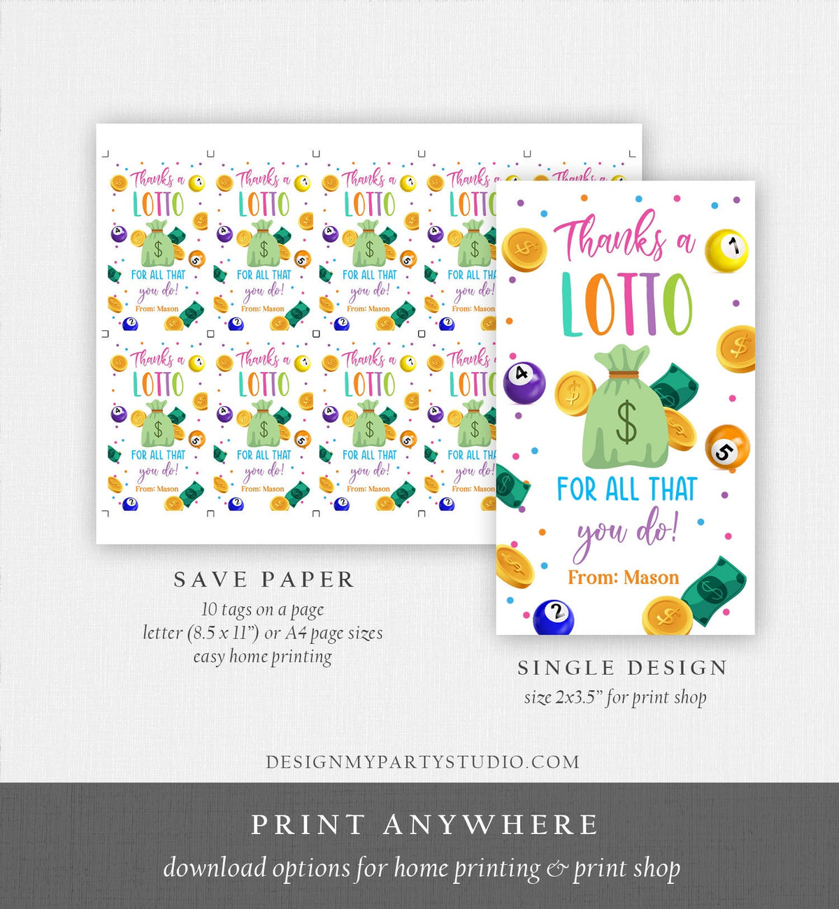 Editable Lottery Gift Tags Thanks a Lotto For All That You Do Teacher Appreciation Tag School Staff Co-worker Corjl Template Printable 0464