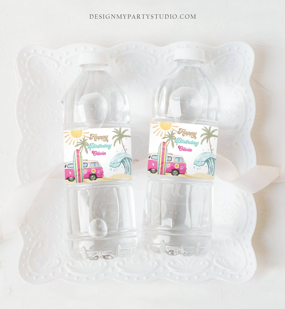 Editable Surf Water Bottle Labels The Big One Party Decor Surf 1st Birthday Retro Girl Pink Surfboard Labels Printable Template Corjl 0433