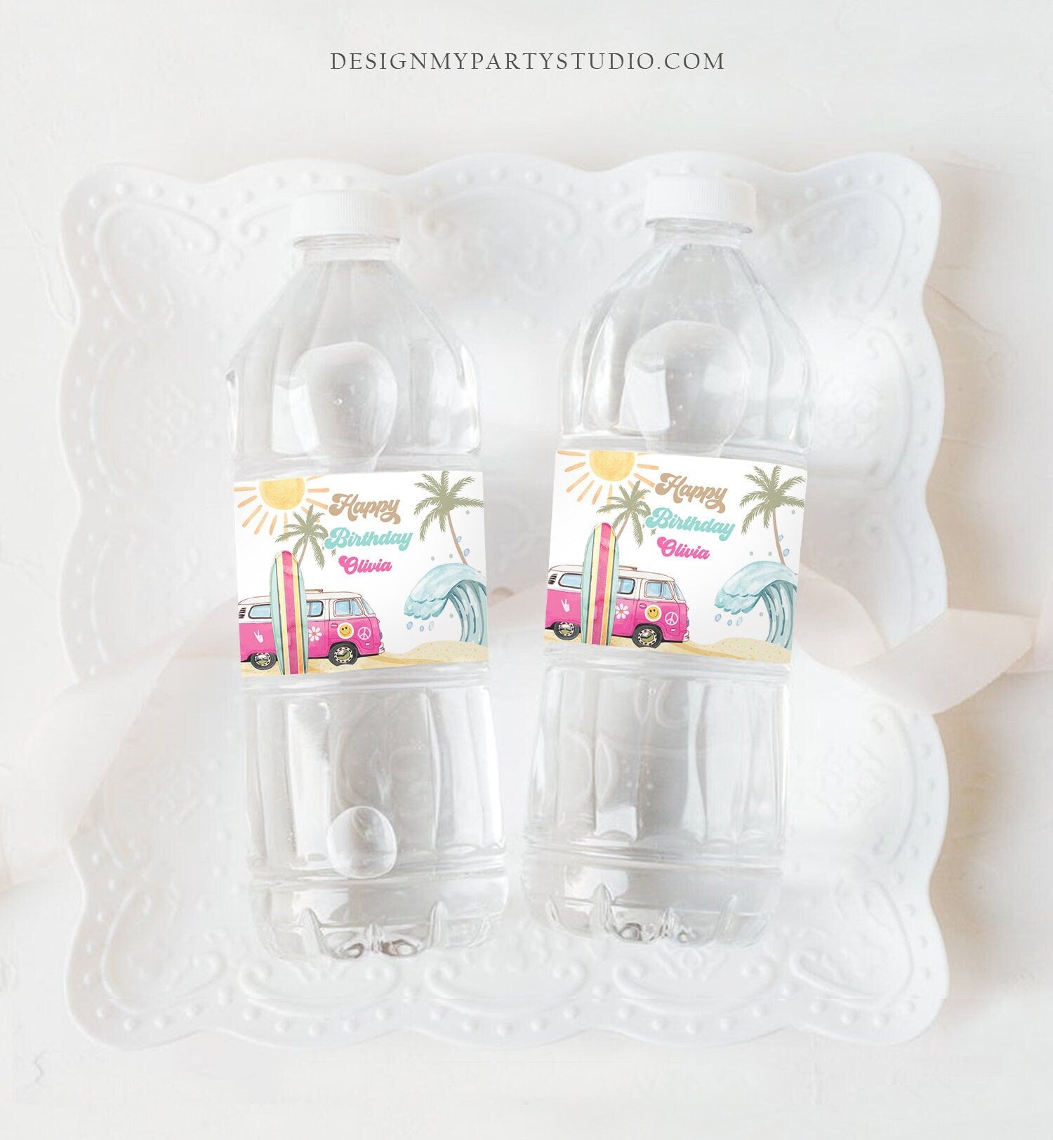 Editable Surf Water Bottle Labels The Big One Party Decor Surf 1st Birthday Retro Girl Pink Surfboard Labels Printable Template Corjl 0433