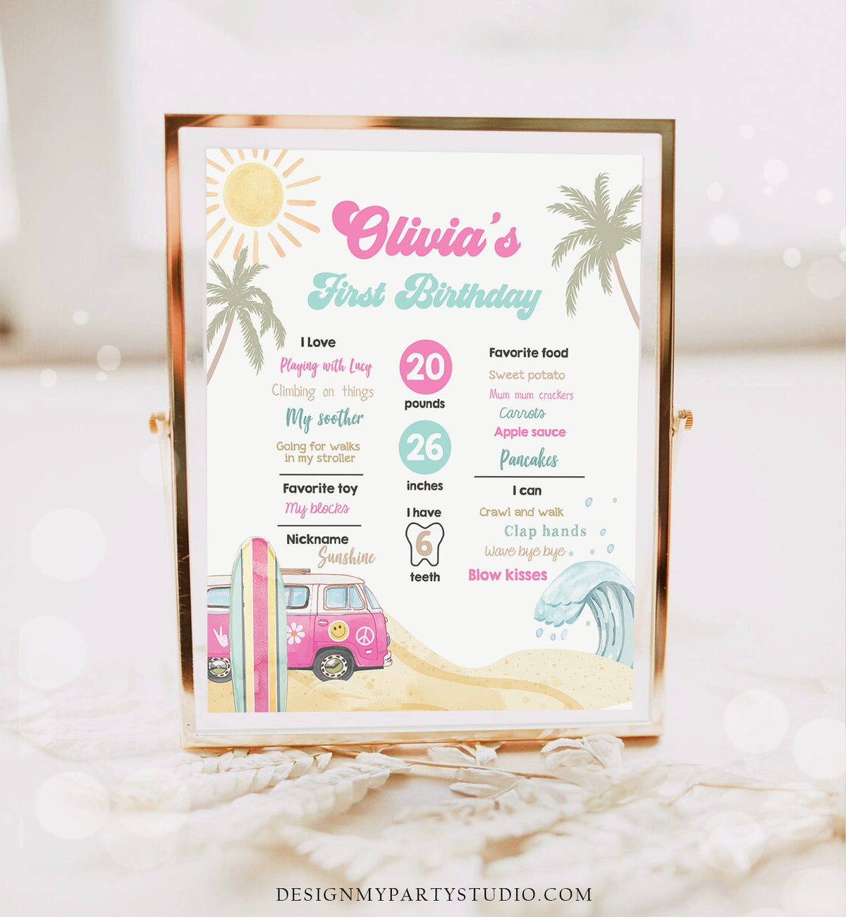 Editable Surf Birthday Milestones Sign Girl Big One Surfs Up Surfing Board Pink Van Retro Beach 1st Party Template Printable Corjl 0433