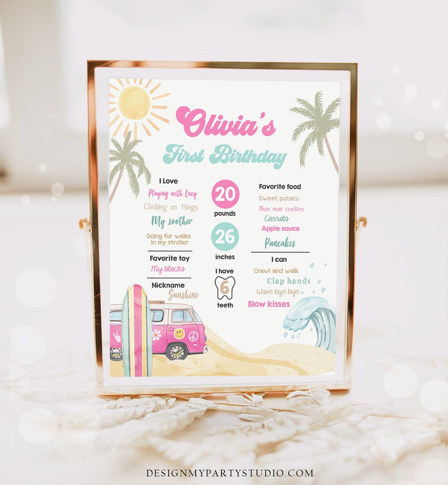 Editable Surf Birthday Milestones Sign Girl Big One Surfs Up Surfing Board Pink Van Retro Beach 1st Party Template Printable Corjl 0433