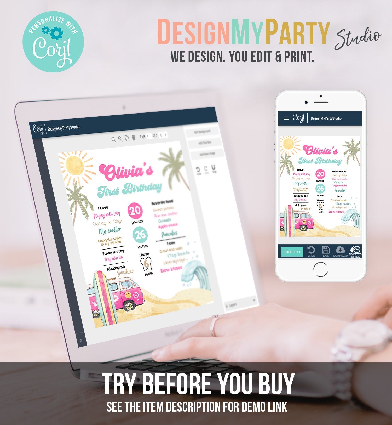Editable Surf Birthday Milestones Sign Girl Big One Surfs Up Surfing Board Pink Van Retro Beach 1st Party Template Printable Corjl 0433