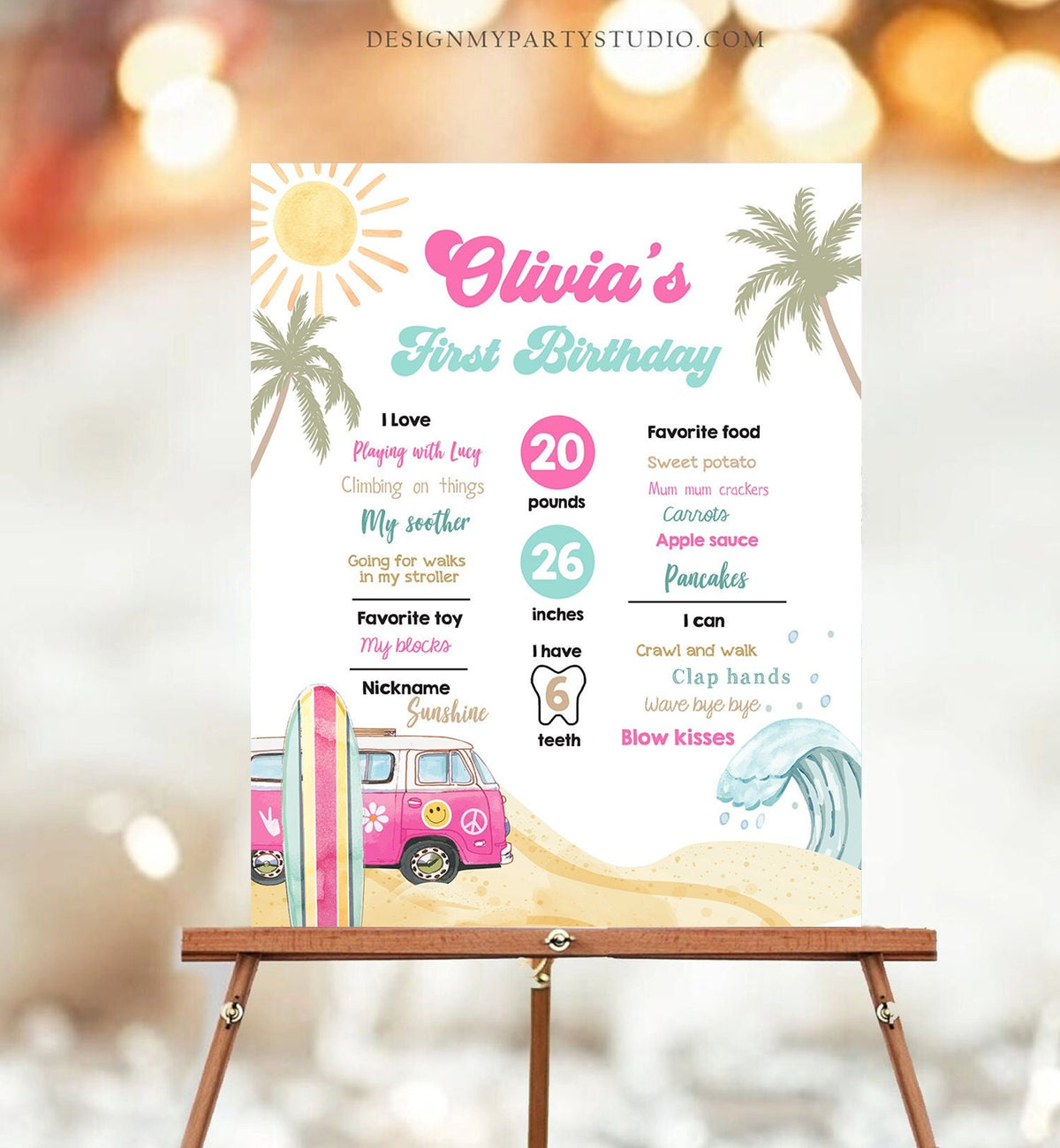 Editable Surf Birthday Milestones Sign Girl Big One Surfs Up Surfing Board Pink Van Retro Beach 1st Party Template Printable Corjl 0433
