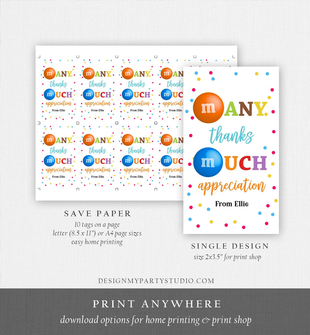 Editable M&amp;M Candy Tag Many Thanks Teacher Appreciation Tag Candy Gift Tag Employee Coworker Staff Thank You Corjl Template Printable 0464