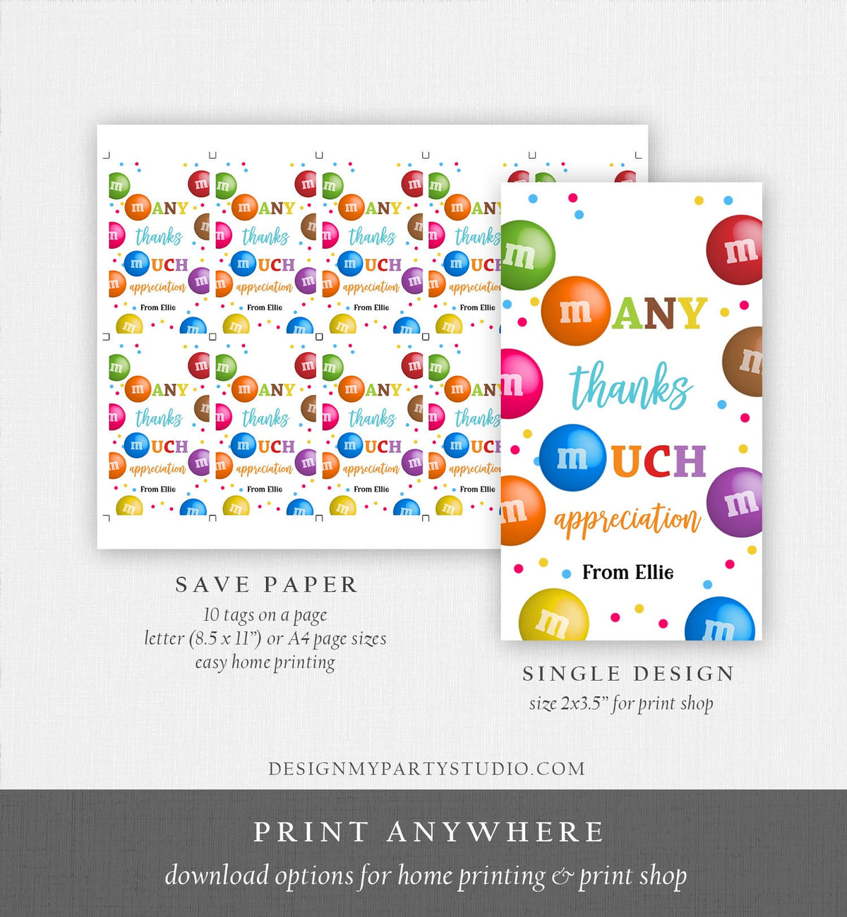 Editable M&amp;M Candy Tag Many Thanks Teacher Appreciation Tag Candy Gift Tag Employee Coworker Staff Thank You Corjl Template Printable 0464