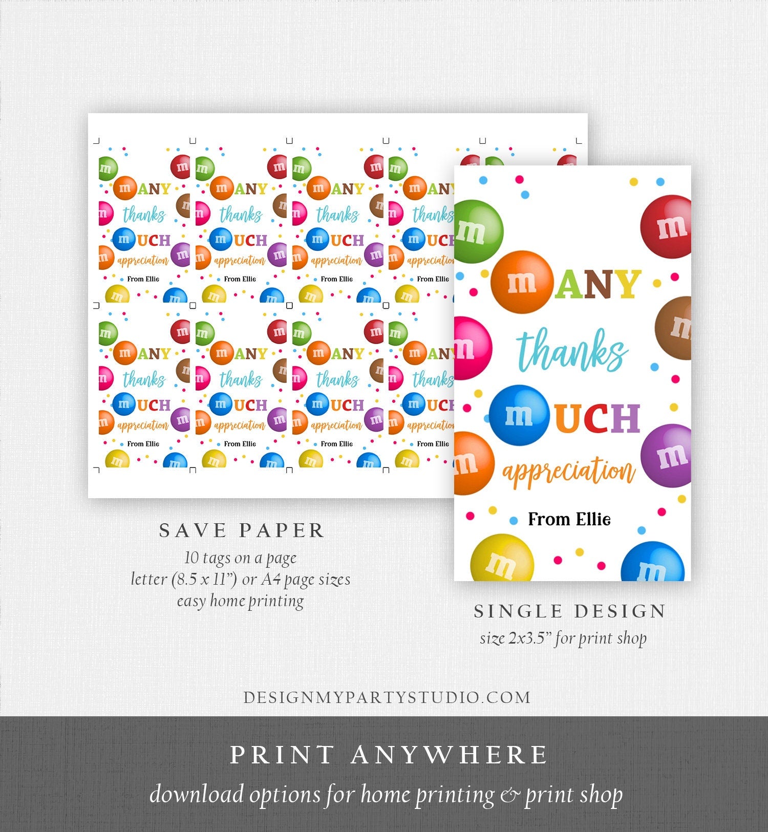 Editable M&M Candy Tag Many Thanks Teacher Appreciation Tag Candy Gift - Design My Party Studio for Free Printable Employee Appreciation Candy Tags