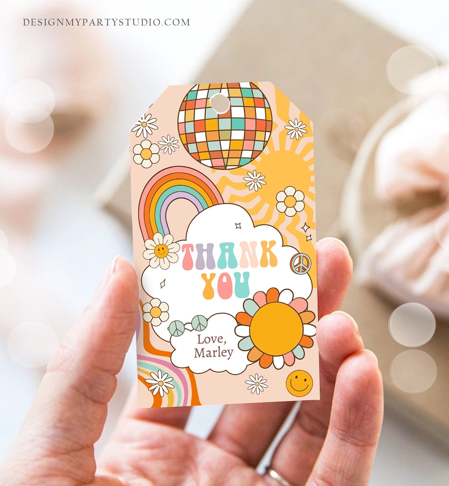 Editable Retro Favor Tags 1st 2nd Groovy Birthday Thank you Tags Flower Power Tags 70s Floral Hippie Smiley Template Corjl PRINTABLE 0459