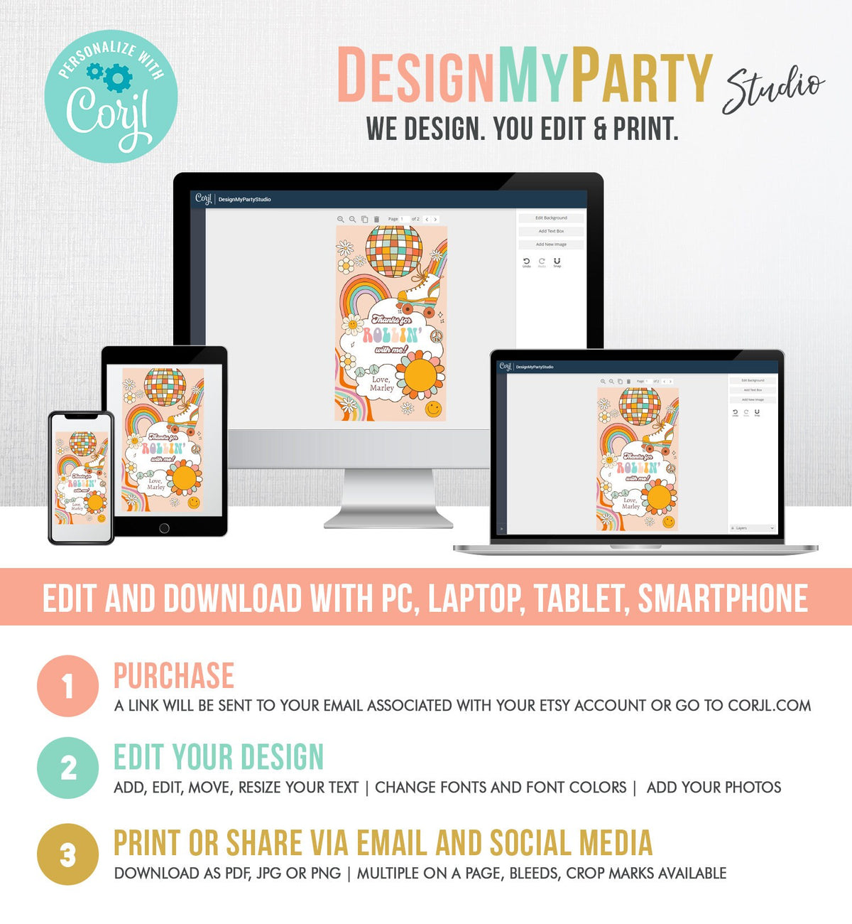 Editable Roller Skating Favor Tag Roller Skate Birthday Thank You Tags Girl Retro Skate Party Disco Download Printable Corjl Template 0459