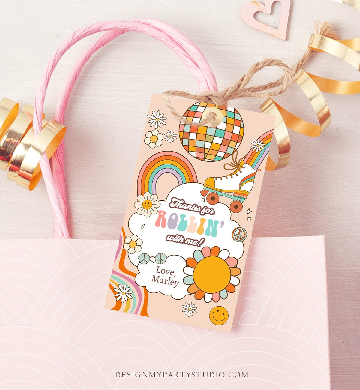 Editable Roller Skating Favor Tag Roller Skate Birthday Thank You Tags Girl Retro Skate Party Disco Download Printable Corjl Template 0459