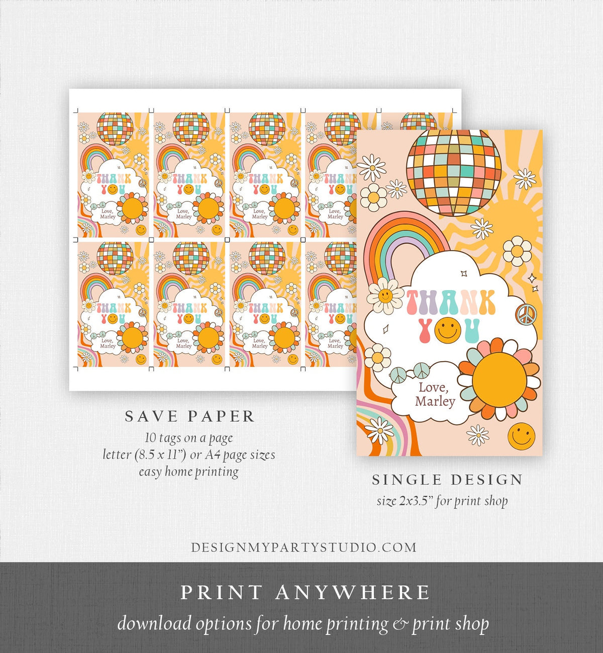 Editable Retro Favor Tags 1st 2nd Groovy Birthday Thank you Tags Flower Power Tags 70s Floral Hippie Smiley Template Corjl PRINTABLE 0459