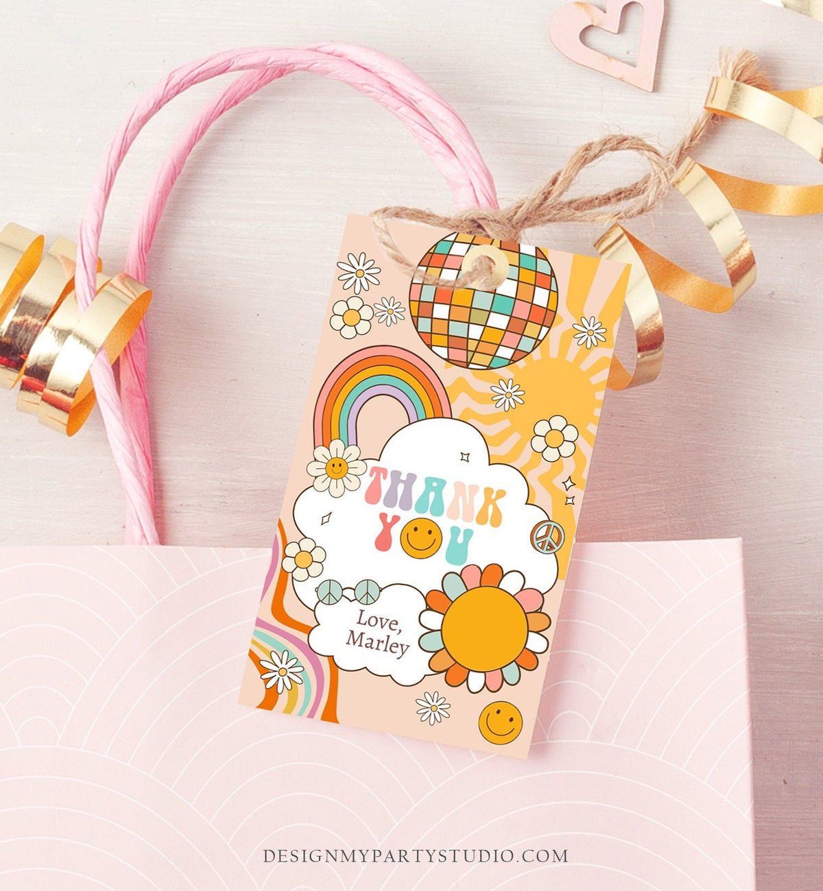 Editable Retro Favor Tags 1st 2nd Groovy Birthday Thank you Tags Flower Power Tags 70s Floral Hippie Smiley Template Corjl PRINTABLE 0459