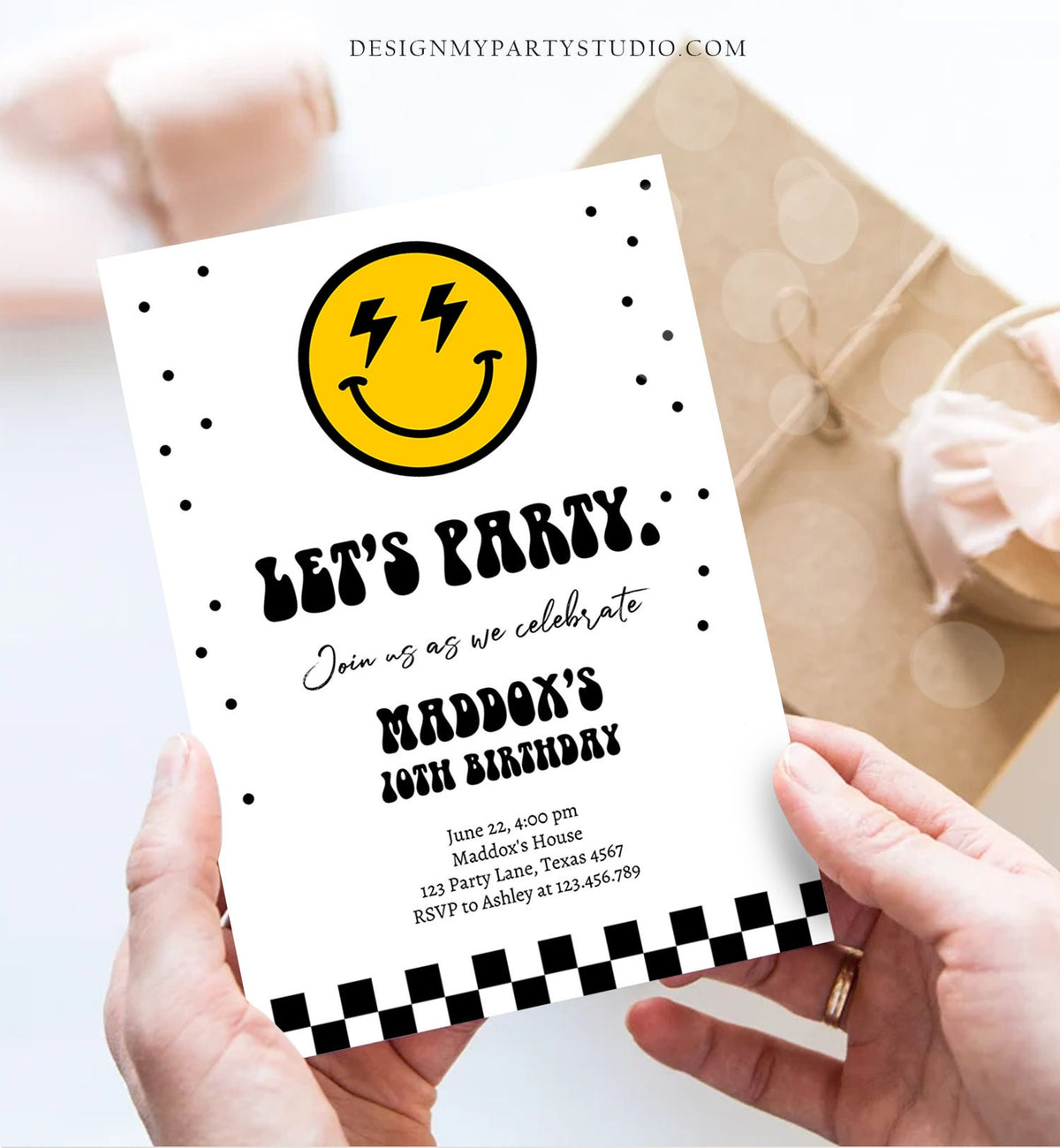 Editable Smiley Birthday Invitation Boy Smiley Face Invite Let's Party Teen 10th 13th 15th Download Printable Template Digital Corjl 0456