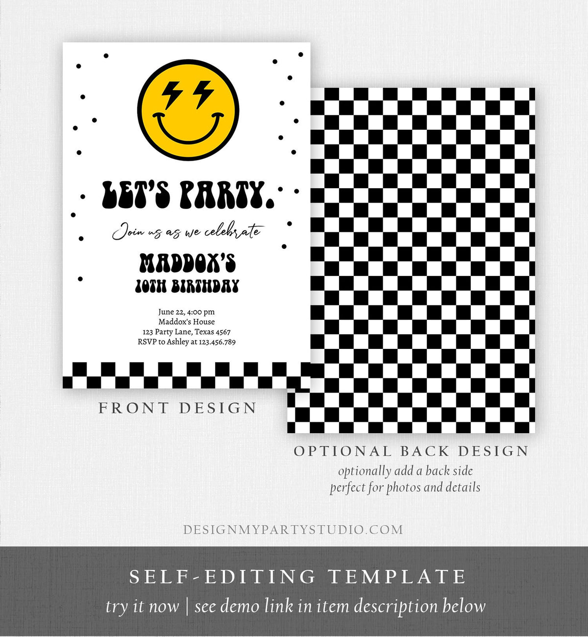 Editable Smiley Birthday Invitation Boy Smiley Face Invite Let's Party Teen 10th 13th 15th Download Printable Template Digital Corjl 0456